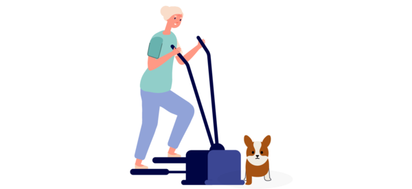 Ilustración de mujer haciendo ejercicio con mascotas