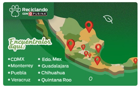 Imagen del paso 2 del plan de reciclaje Purina®: ubica puntos de recolección con Purina, Ecolana o Bike Recycling.