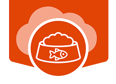 Icono de alimentación para gatitos en cuenco con símbolo de pescado.