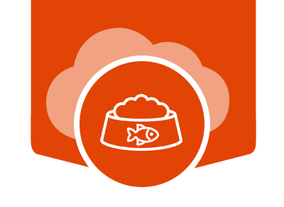 Icono de alimentación para gatitos en cuenco con símbolo de pescado.