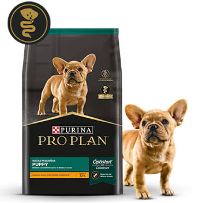 Alimento Pro Plan Puppy junto a cachorro en la card del producto