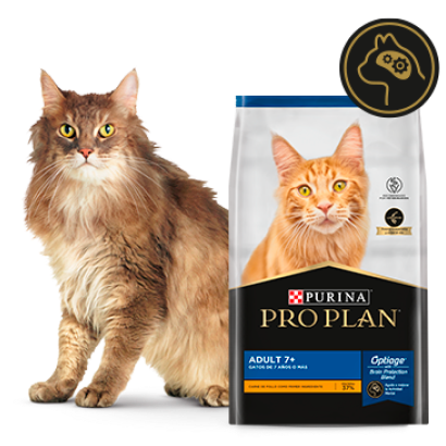 Alimento Pro Plan Adult 7+ para gatos mayores junto a felino en card