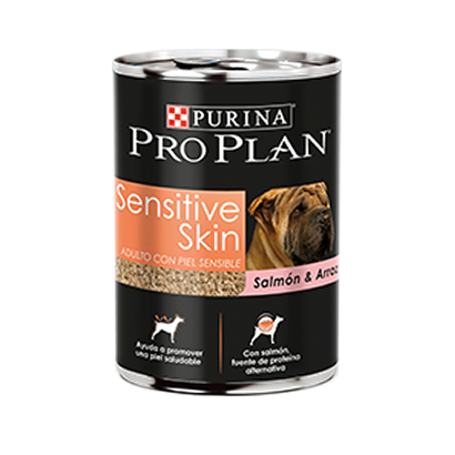 Lata Pro Plan Sensitive Skin para perros adultos con piel sensible, de salmón y arroz