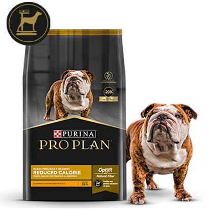 Alimento Pro Plan Reduced Calorie junto a perro en card de alimento bajo en calorías para perros