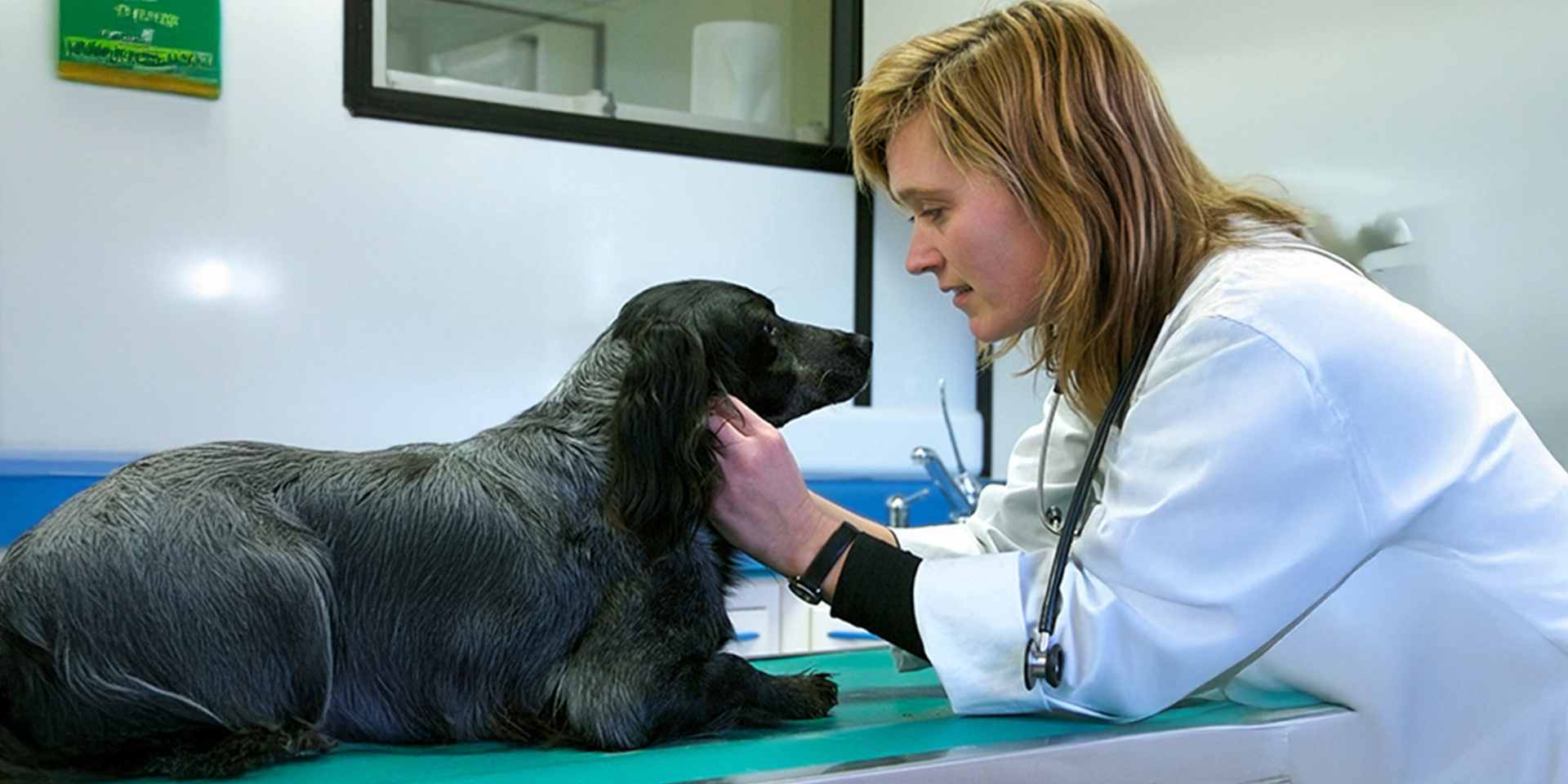 Can de raza mediana con su veterinaria, profesional que sabe cómo cortar las uñas de un perro.