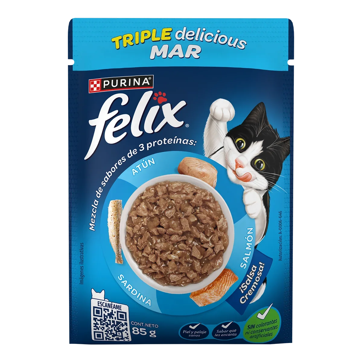 Sobre para gato Felix Triple Delicious Mar Adultos con sabores de atún, salmón y sardina