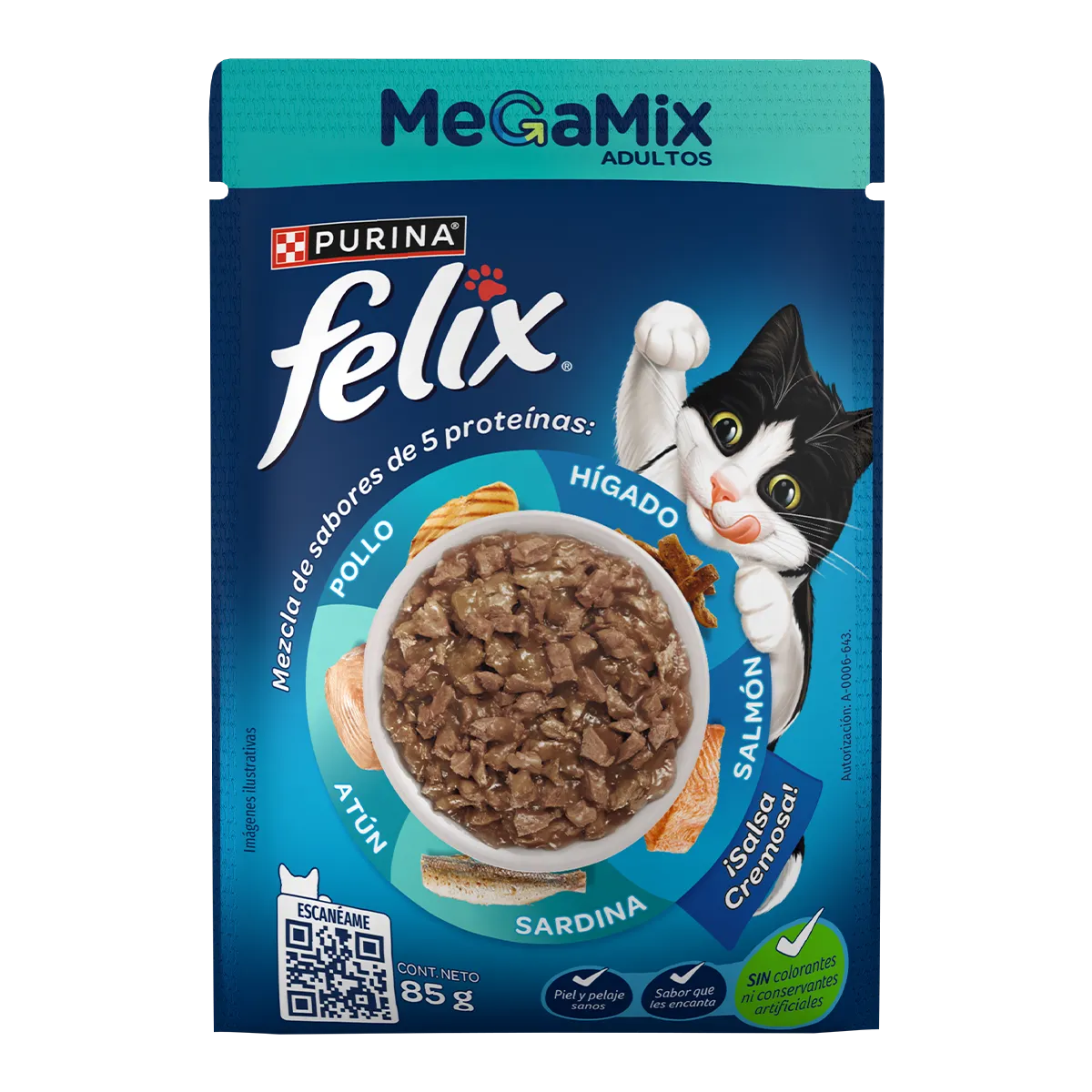 Alimento húmedo para gatos Felix MegaMix Adultos sabor pollo, hígado, salmón, atún y sardina.