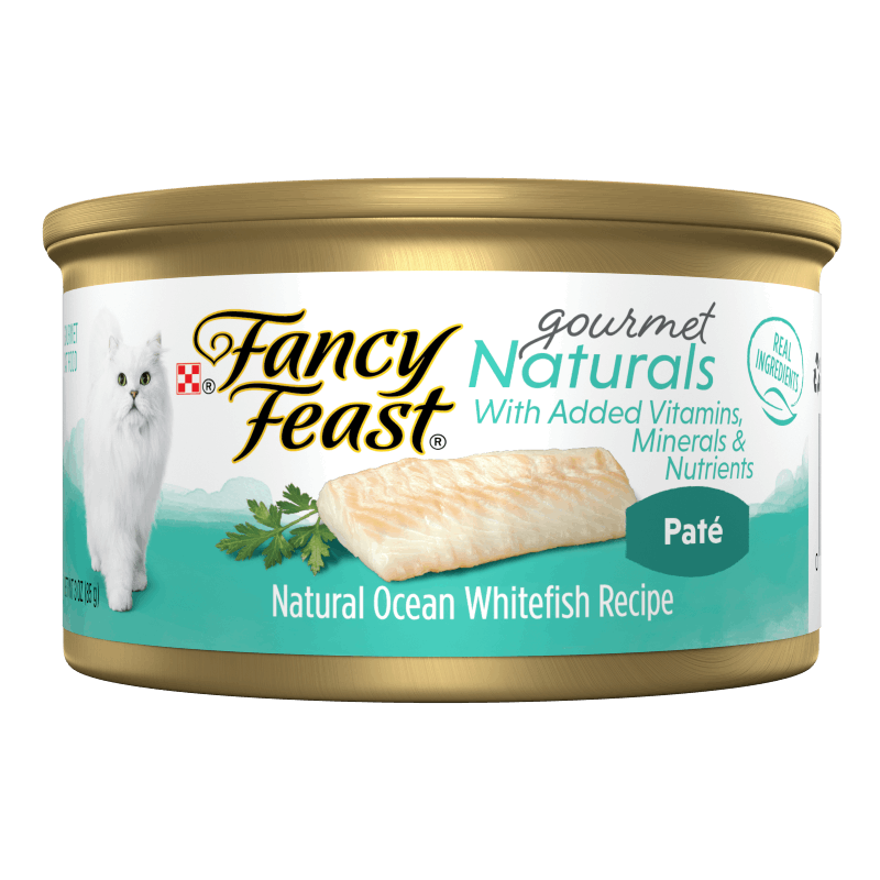 Lata de alimento húmedo para gatos Fancy Feast Gourmet Naturals con pescado blanco en paté