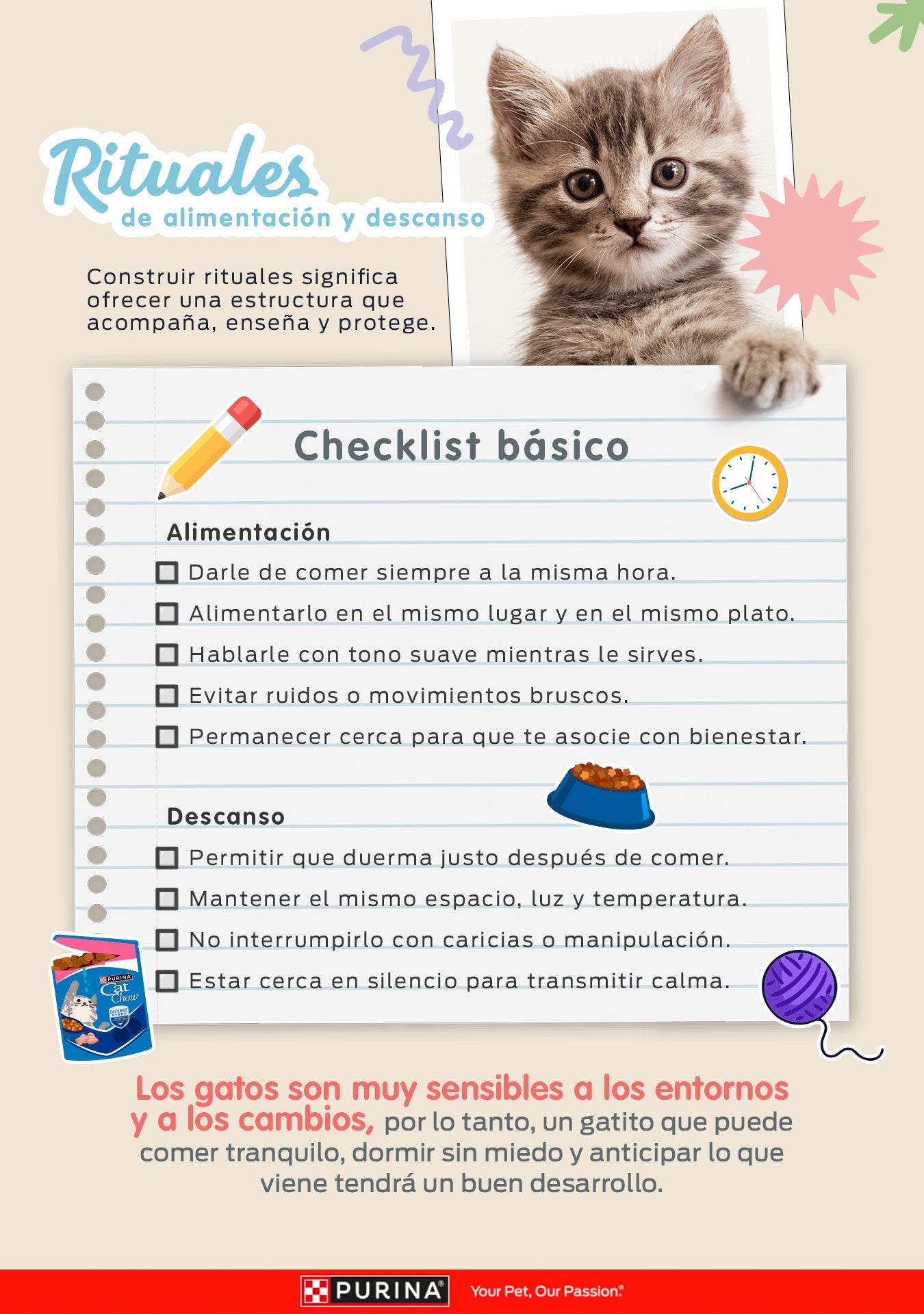 Infografía Rituales de alimentación y descanso con un checklist básico para tu gatito.