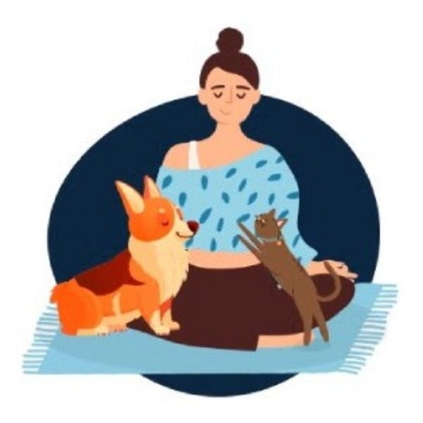 Ilustración de una mujer meditando con su perro y su gato
