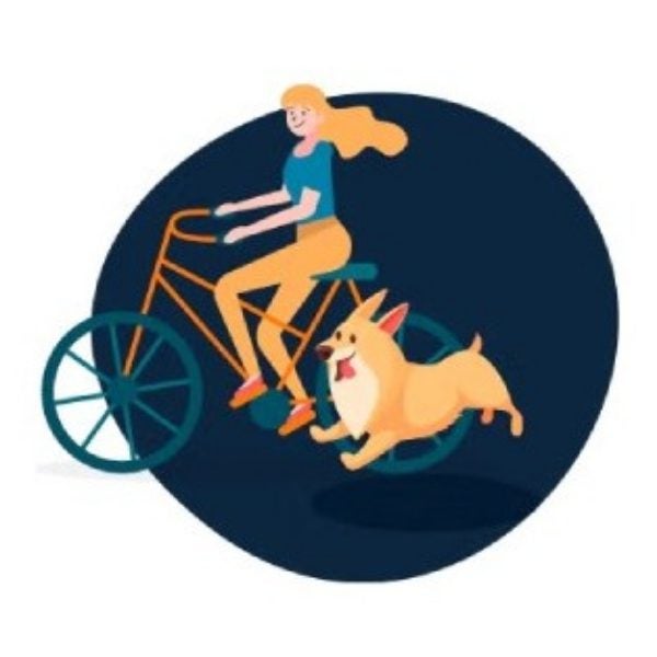 Ilustración de una mujer en bicicleta con su perro
