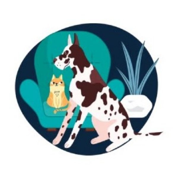 Ilustración de un perro grande junto a un gato en un sillón