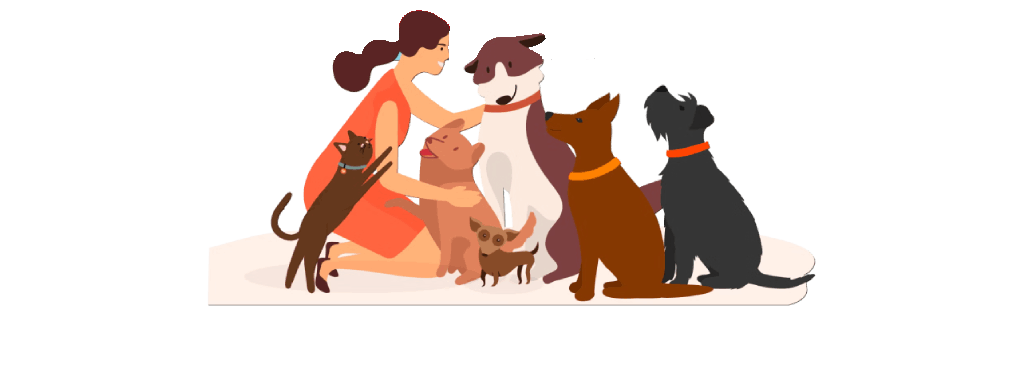 Ilustración de una mujer rodeada de perros y gatos