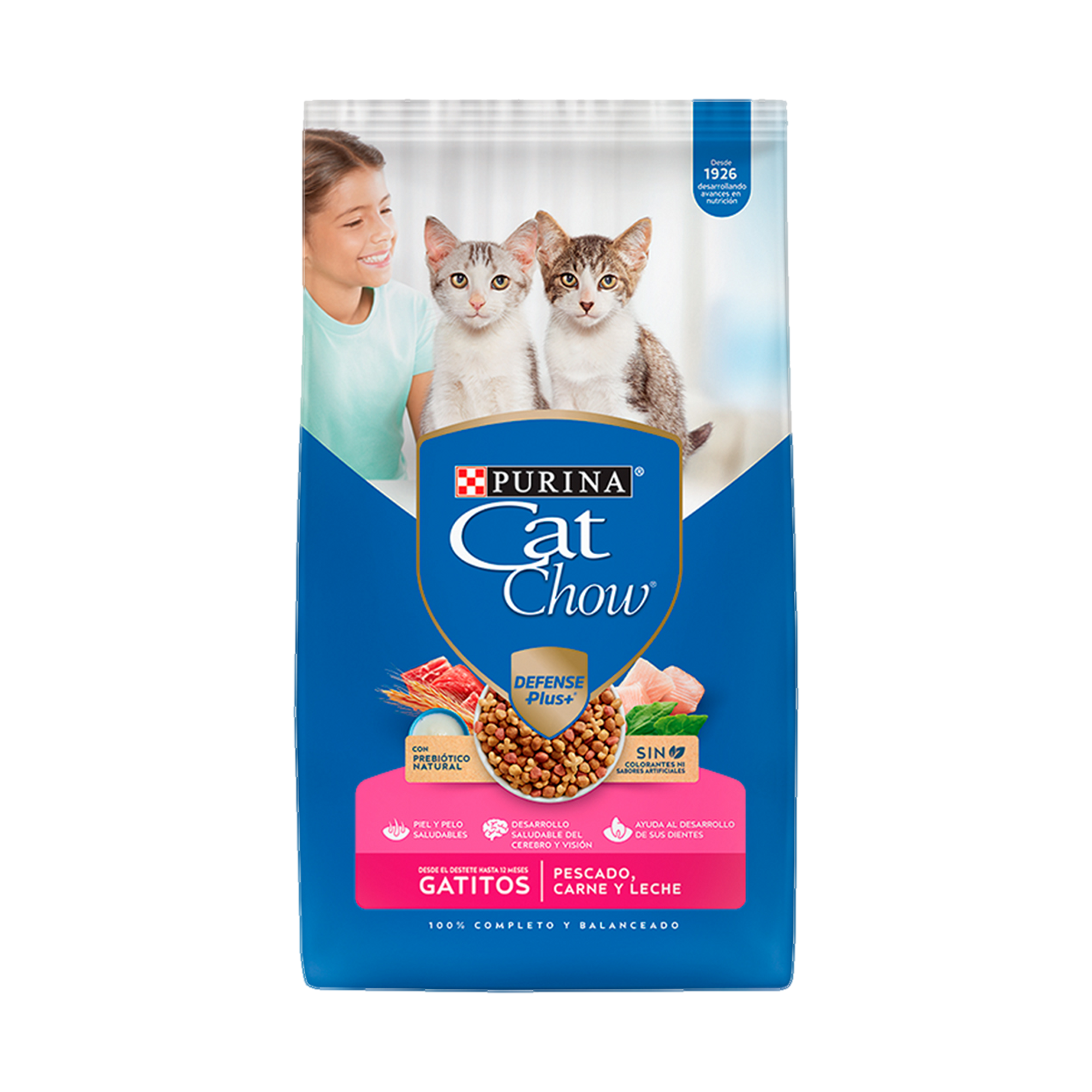 Empaque de Alimento Cat Chow® ​ gatito de hasta 12 meses con pescado, carne y leche, vista frontal