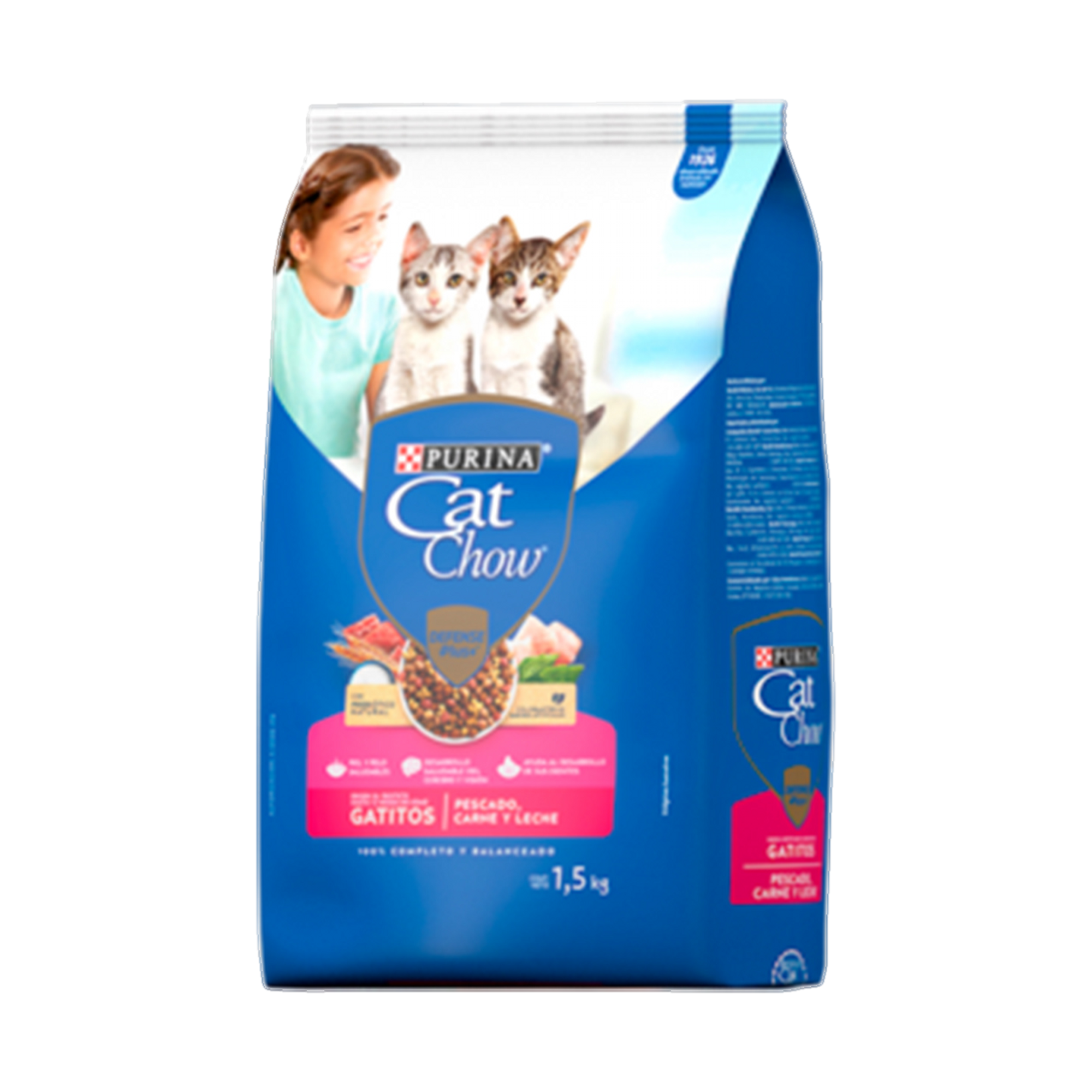 Empaque de Alimento Cat Chow® ​ gatito de hasta 12 meses con pescado, carne y leche, vista lateral