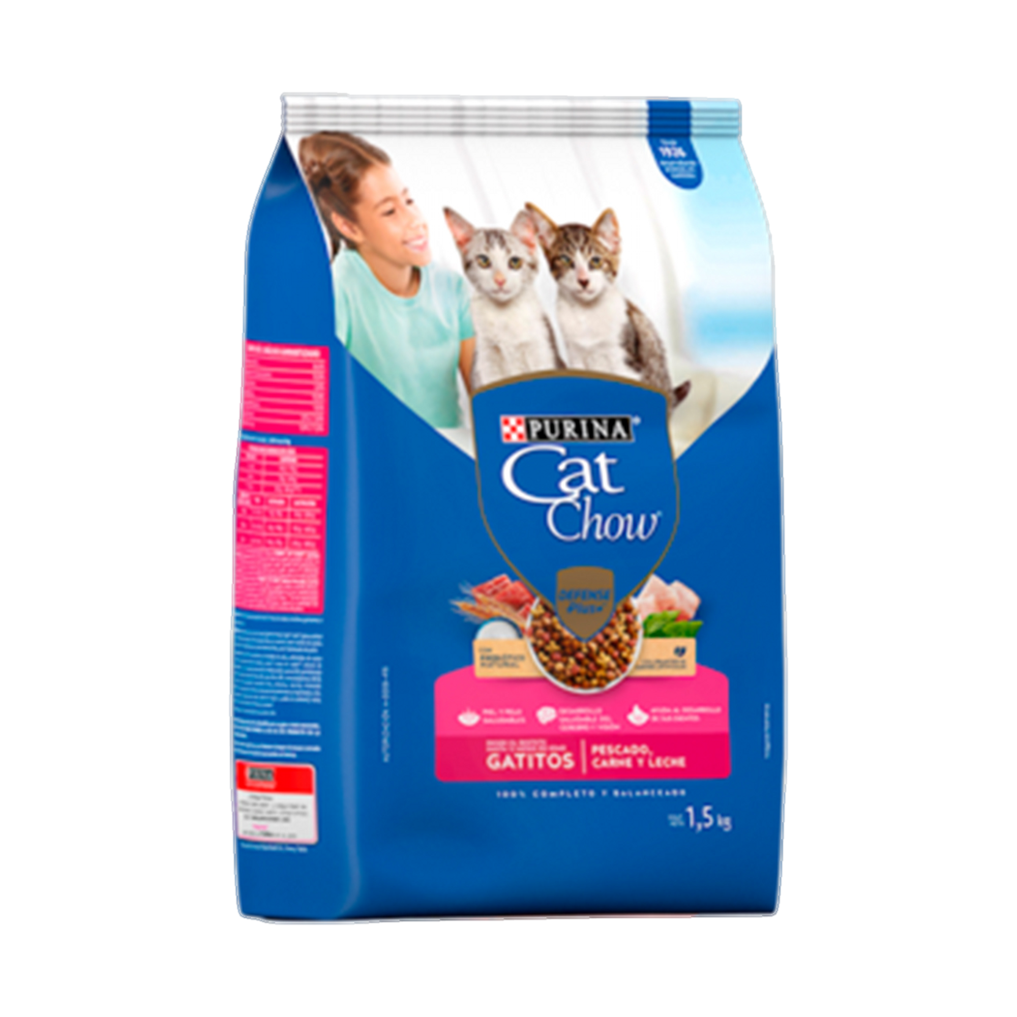 Empaque de Alimento Cat Chow® ​ gatito de hasta 12 meses con pescado, carne y leche, vista lateral