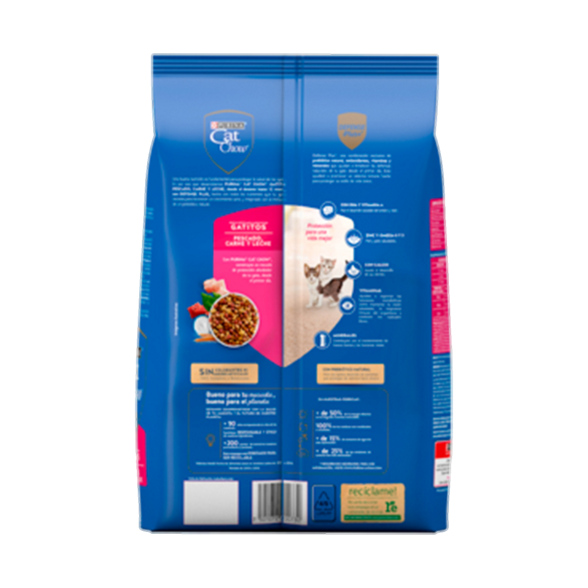 Empaque de Alimento Cat Chow® ​ gatito de hasta 12 meses con pescado, carne y leche, vista posterior
