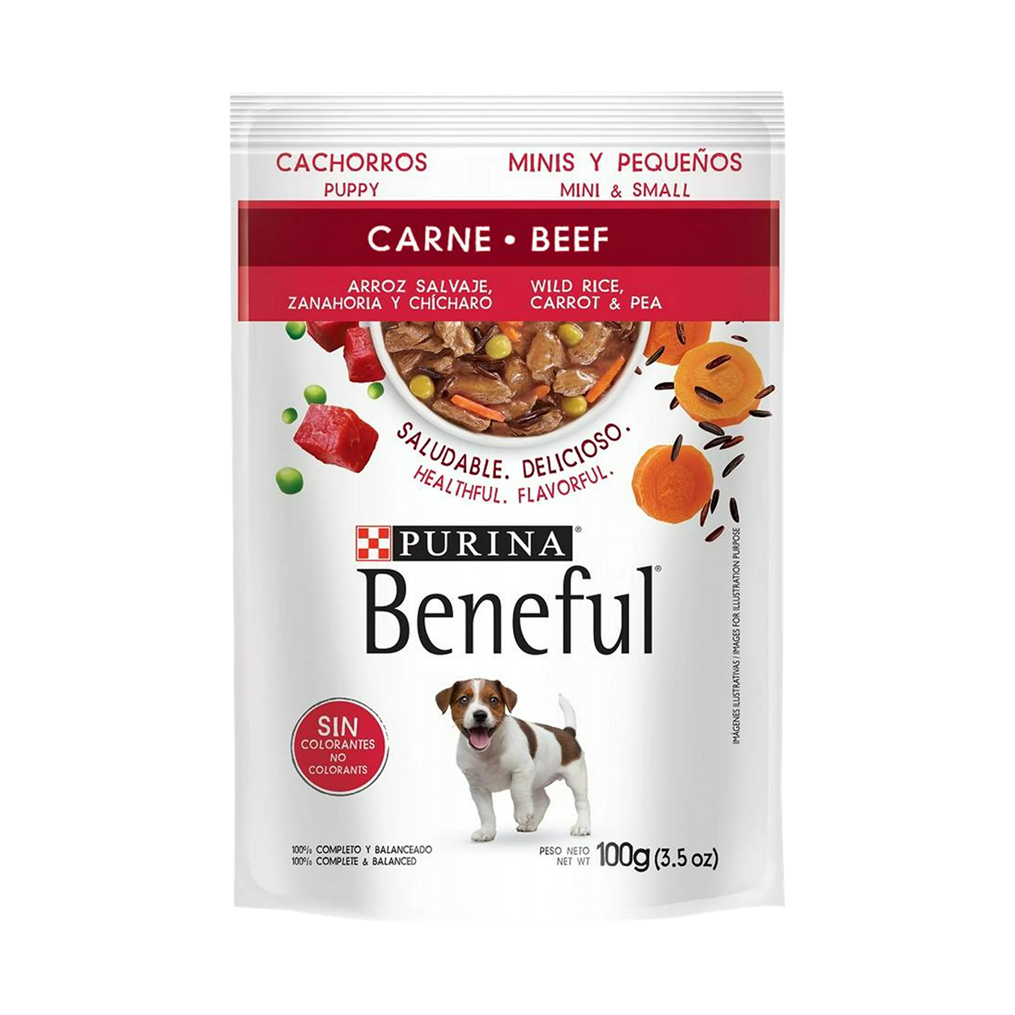 Empaque de Beneful Alimento Húmedo Para Cachorro Minis y Pequeños Sabor Carne y Arroz Salvaje, vista frontal