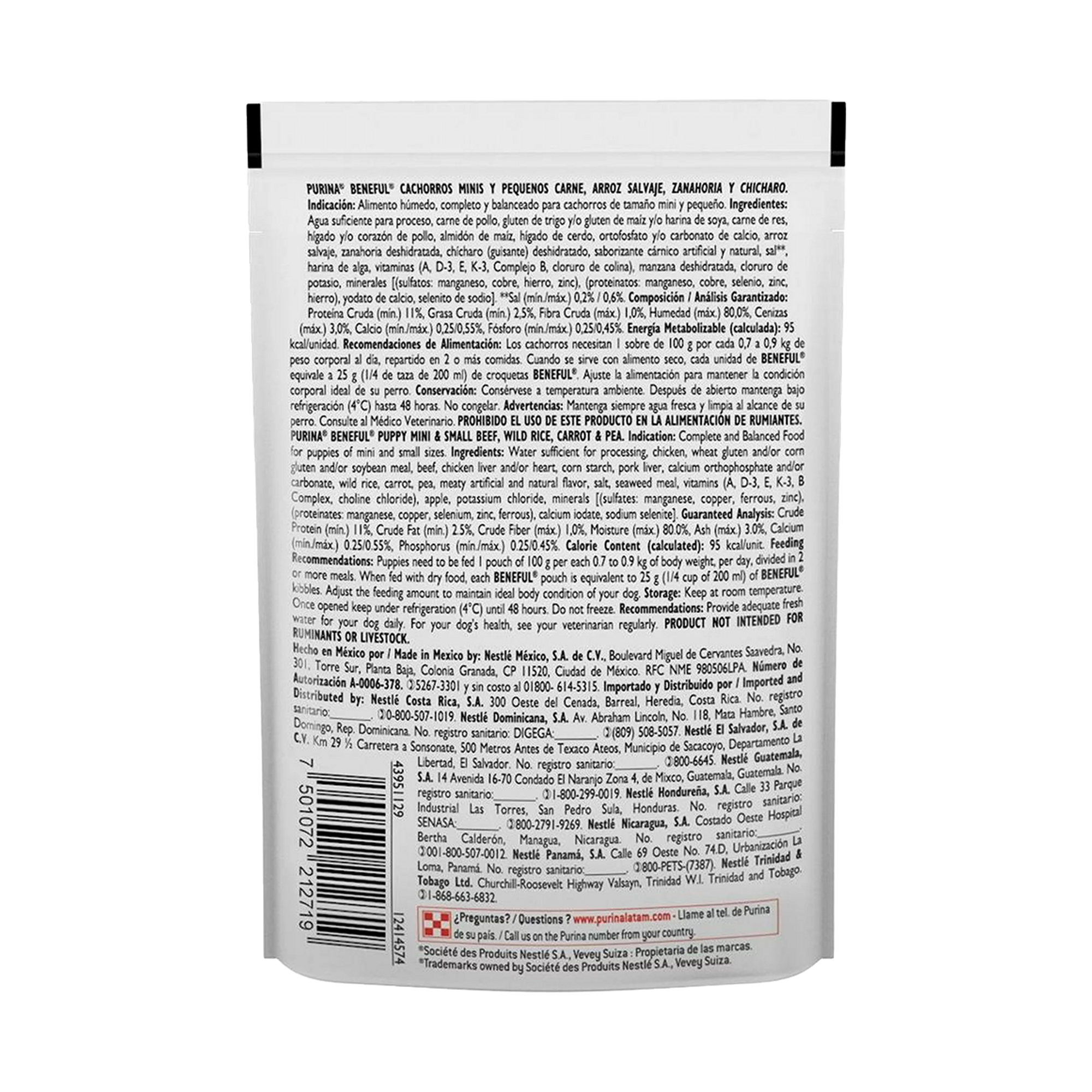 Empaque de Beneful Alimento Húmedo Para Cachorro Minis y Pequeños Sabor Carne y Arroz Salvaje, vista posterior