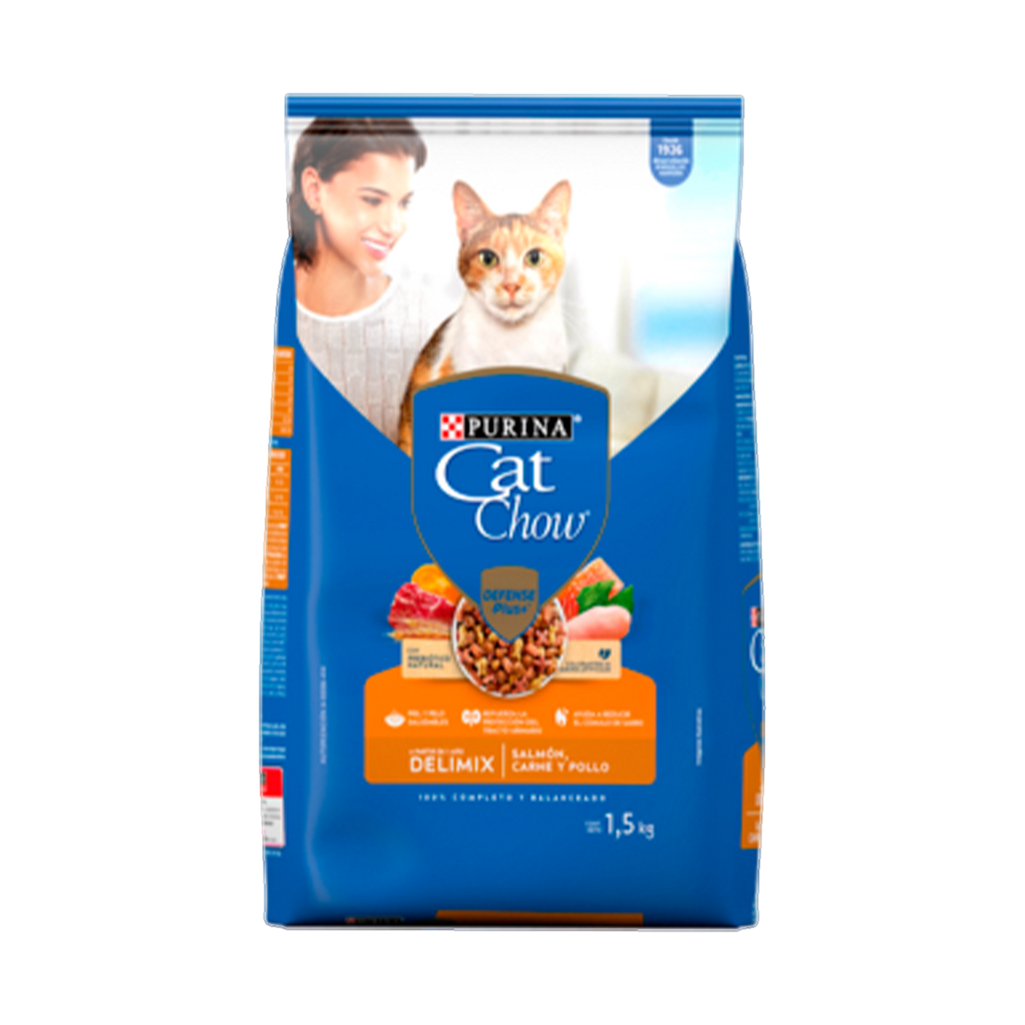 Empaque de Cat Chow® Delimix Adultos salmón, carne y pollo, vista frontal