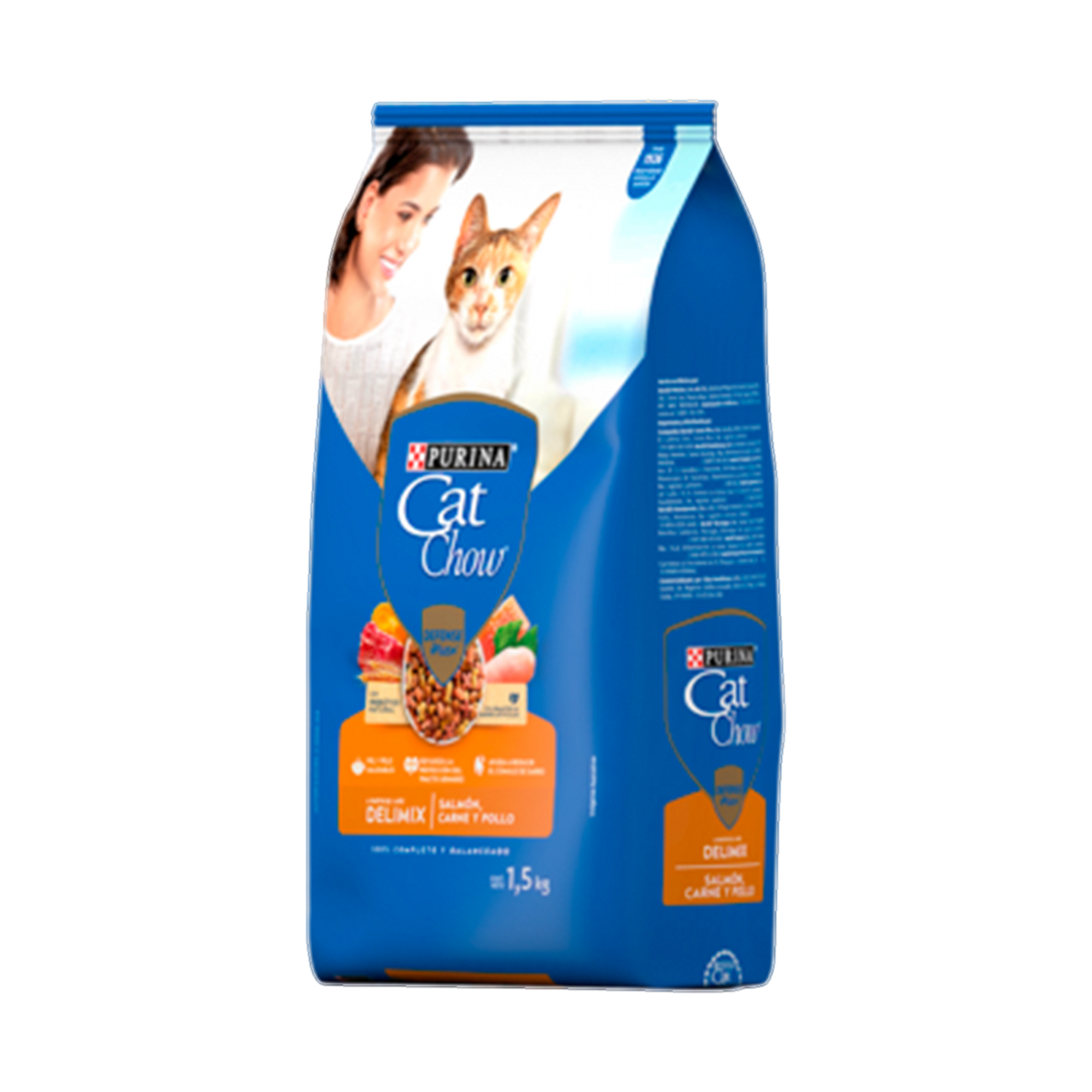 Empaque de Cat Chow® Delimix Adultos salmón, carne y pollo, vista lateral