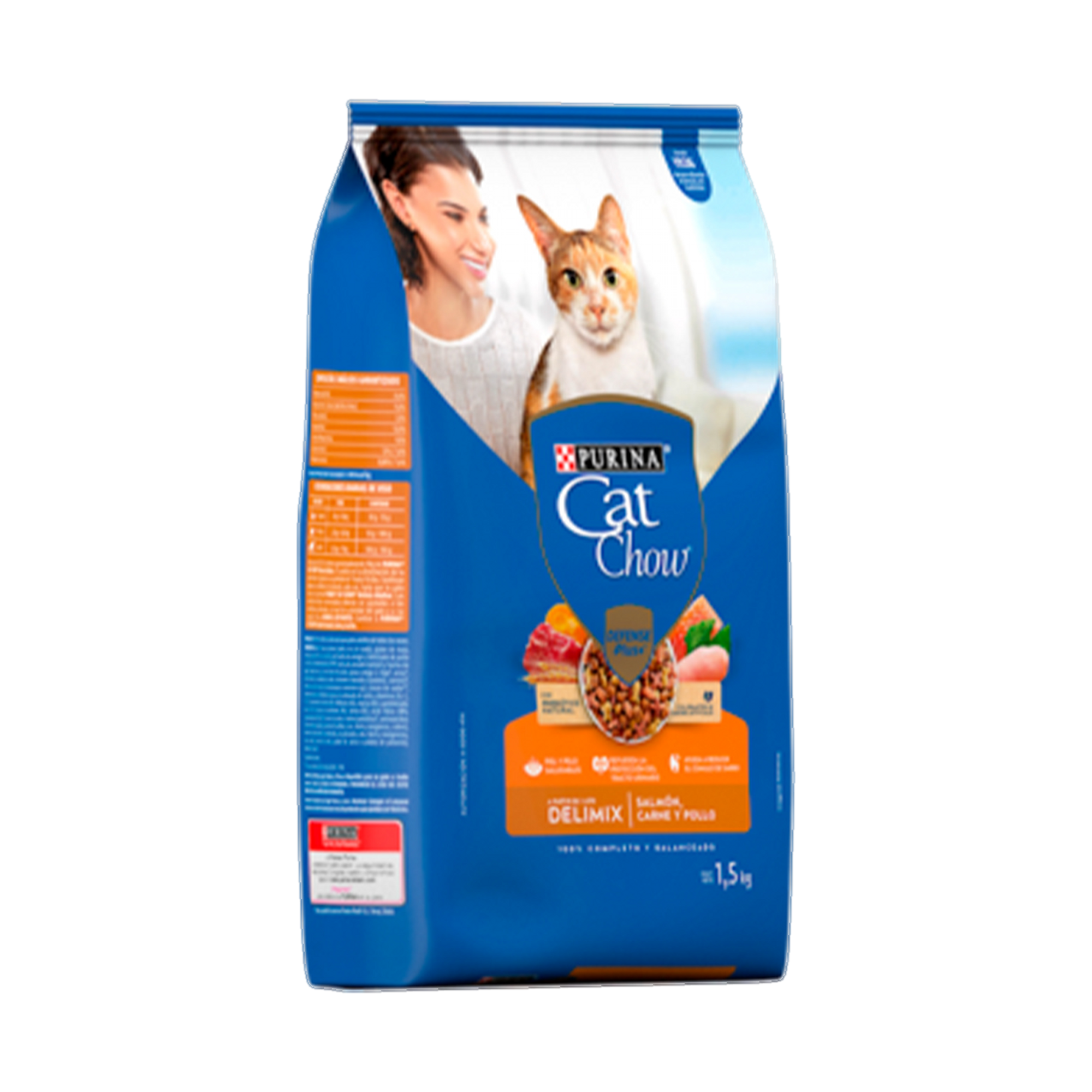 Empaque de Cat Chow® Delimix Adultos salmón, carne y pollo, vista lateral