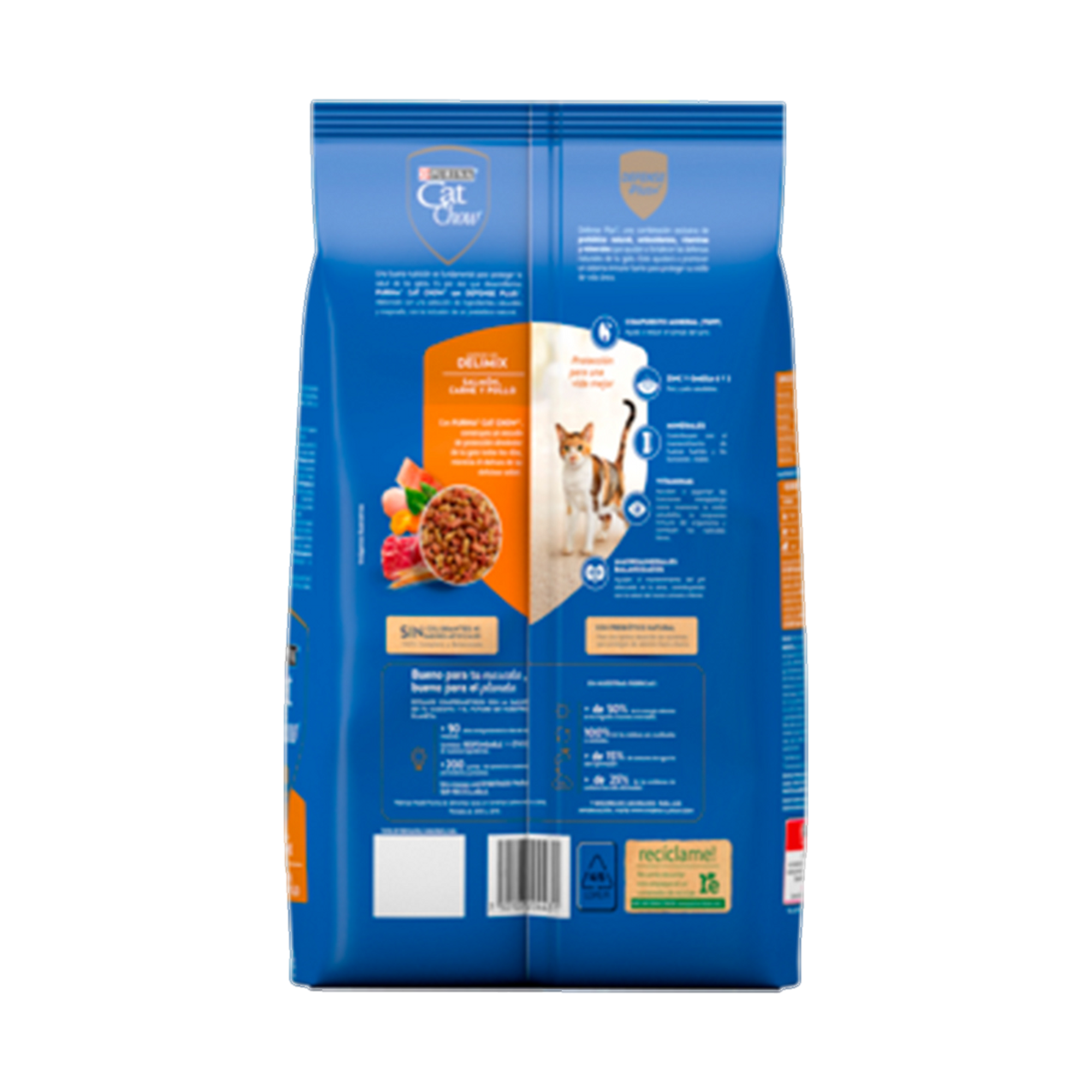 Empaque de Cat Chow® Delimix Adultos salmón, carne y pollo, vista posterior