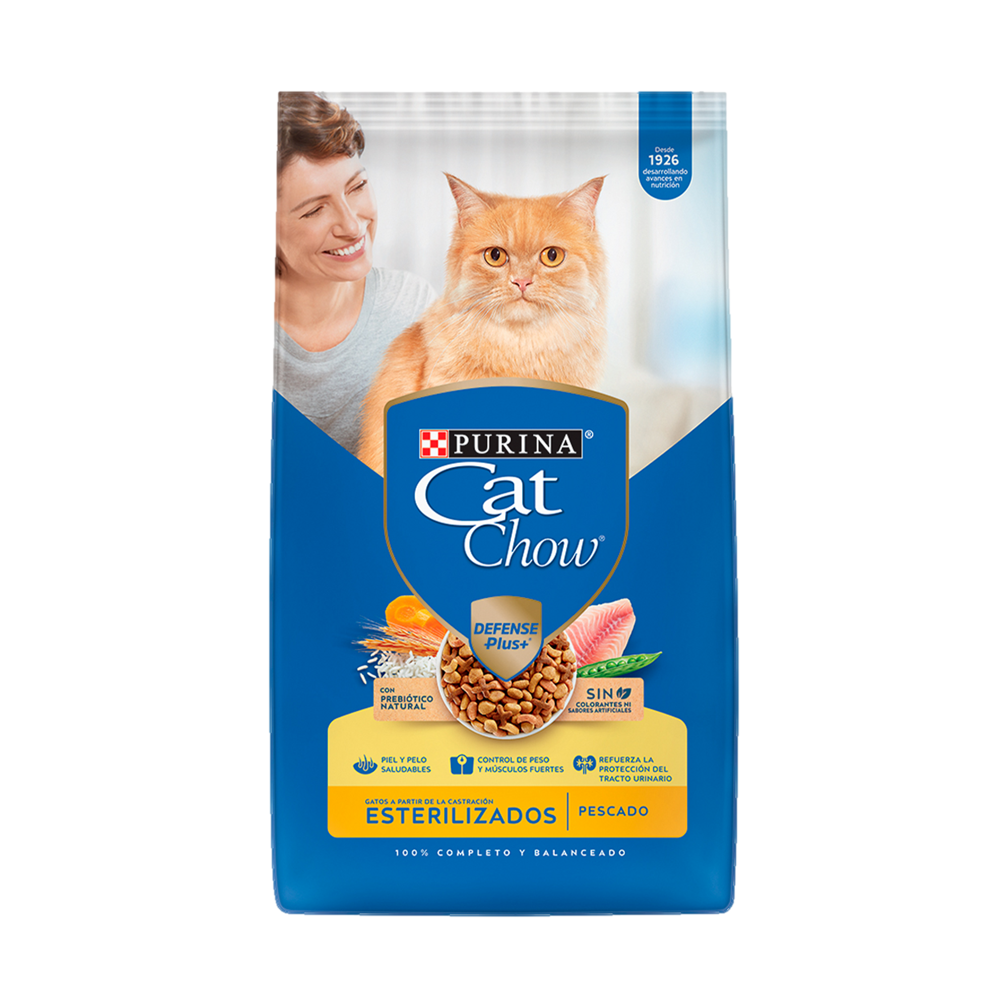Empaque de Cat Chow® Esterilizados pescado con Defense Plus+®, vista frontal