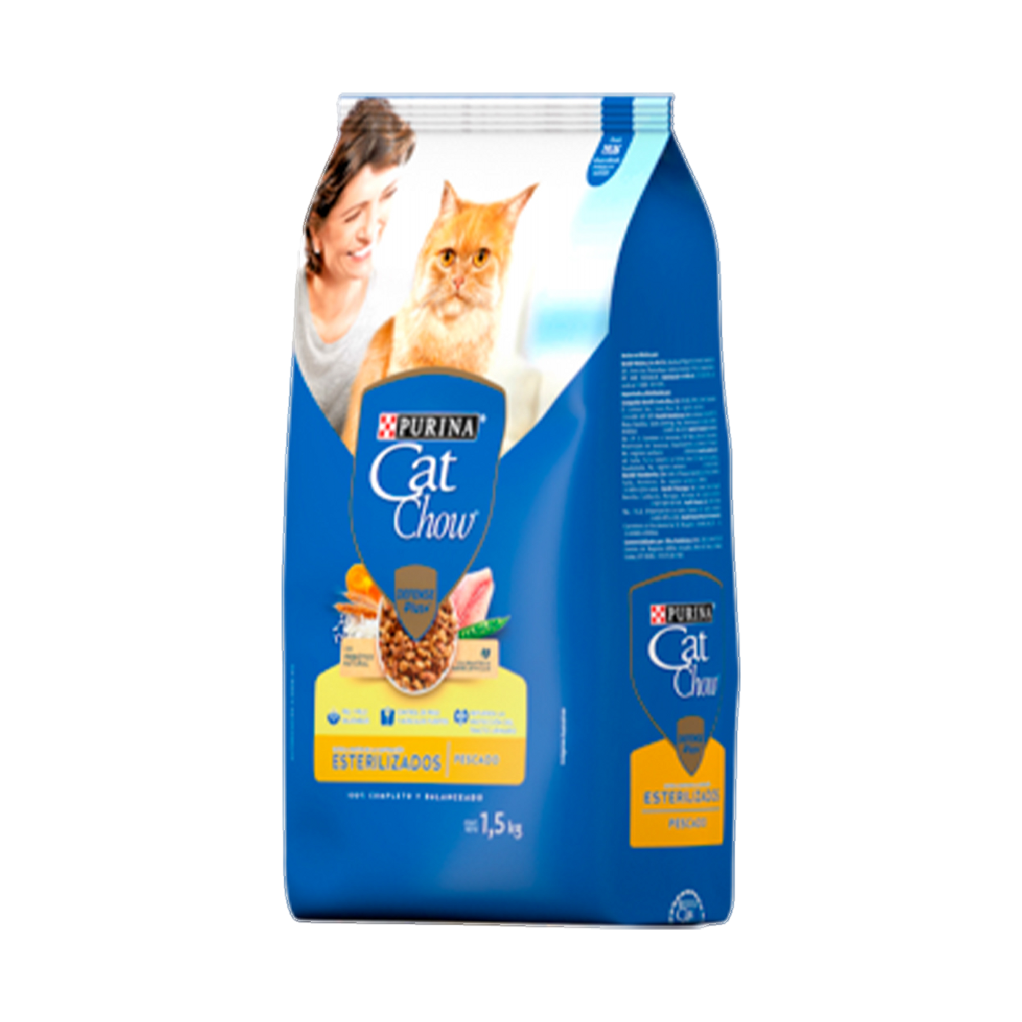 Empaque de Cat Chow® Esterilizados pescado con Defense Plus+®, vista lateral