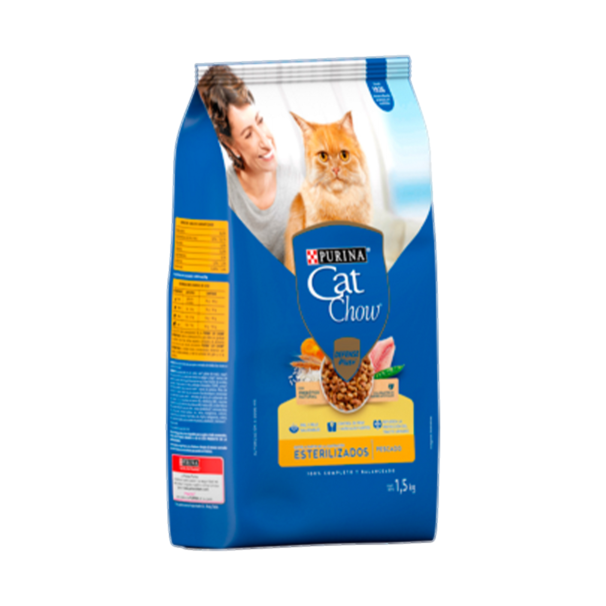 Empaque de Cat Chow® Esterilizados pescado con Defense Plus+®, vista lateral