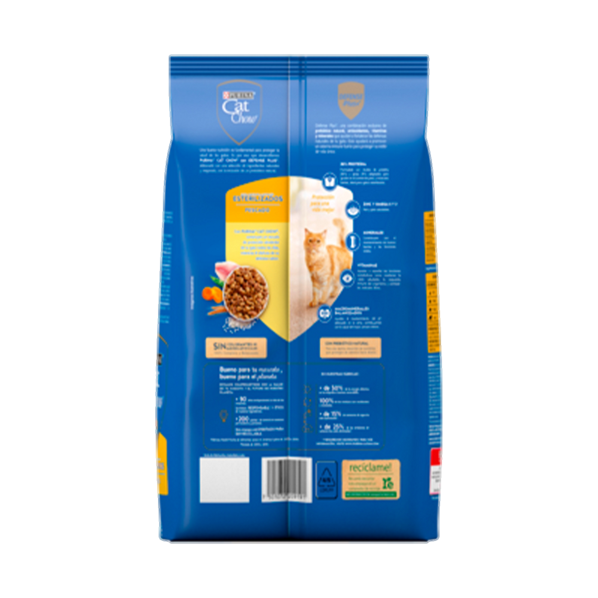 Empaque de Cat Chow® Esterilizados pescado con Defense Plus+®, vista posterior
