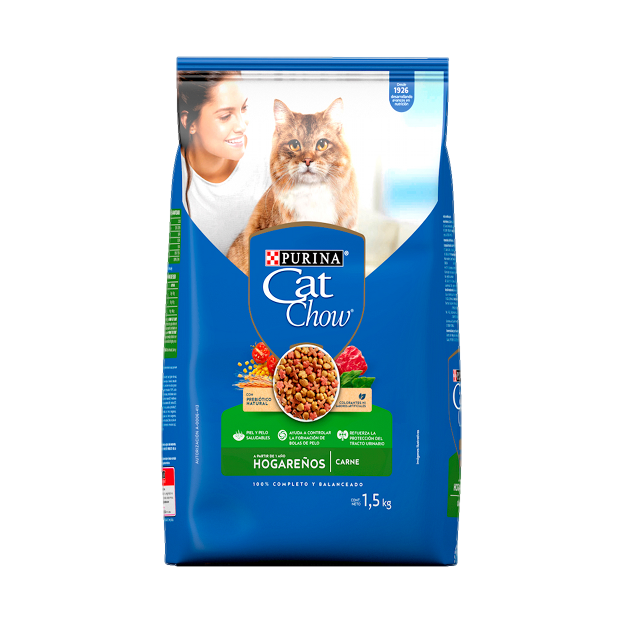 Empaque de Cat Chow® Hogareños carne, vista frontal