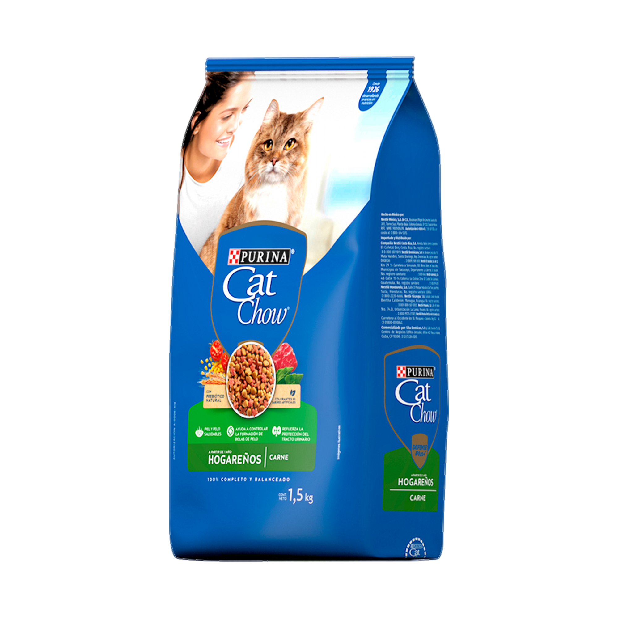 Empaque de Cat Chow® Hogareños carne, vista lateral