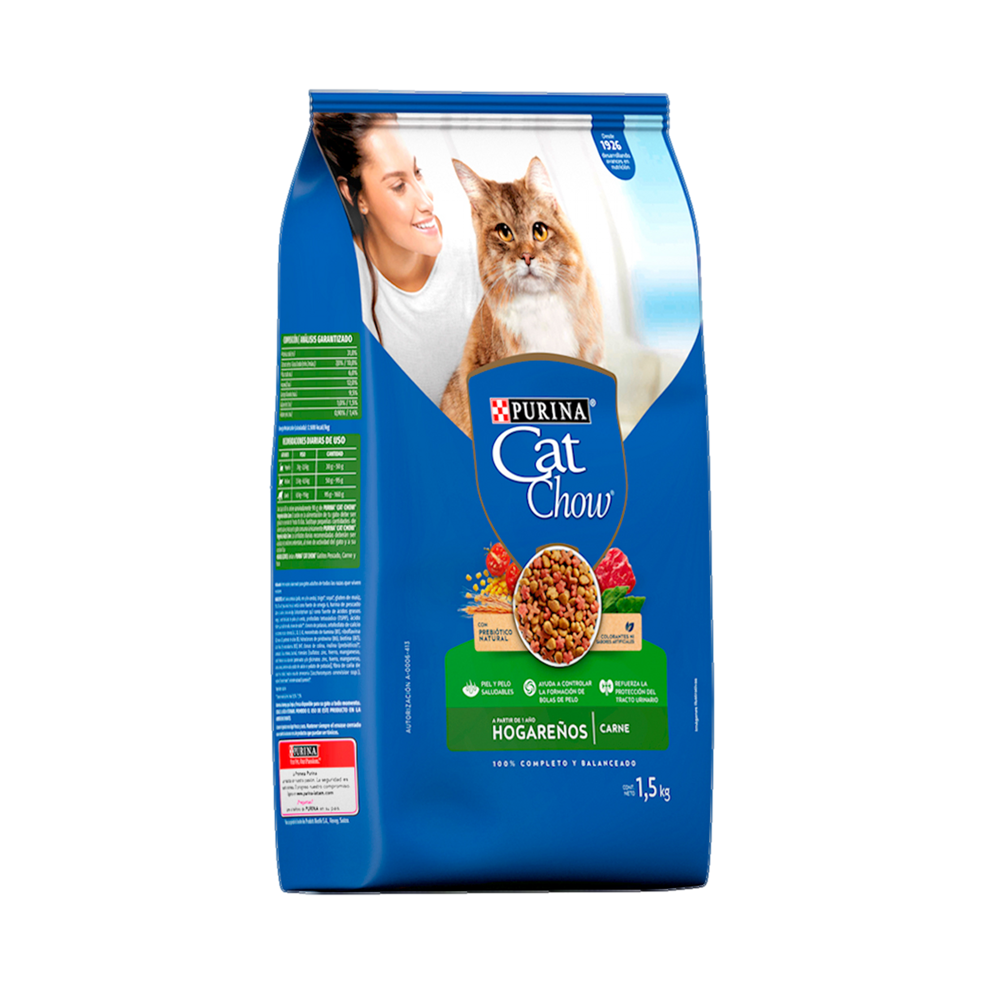 Empaque de Cat Chow® Hogareños carne, vista lateral