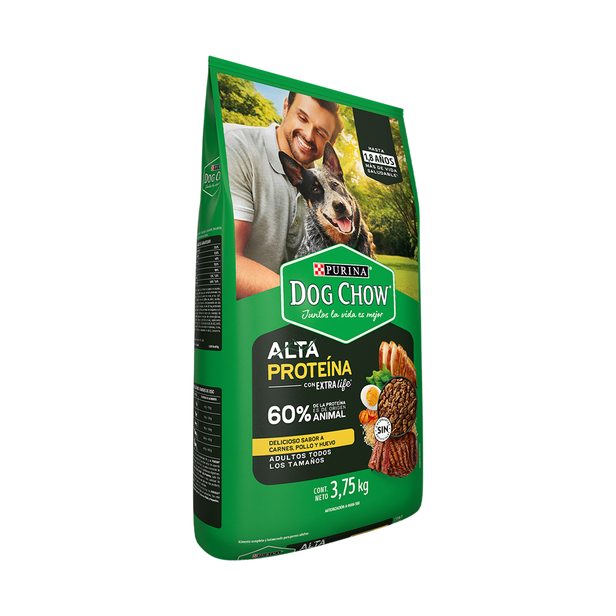 Empaque de Croquetas Dog Chow alta proteína, vista lateral