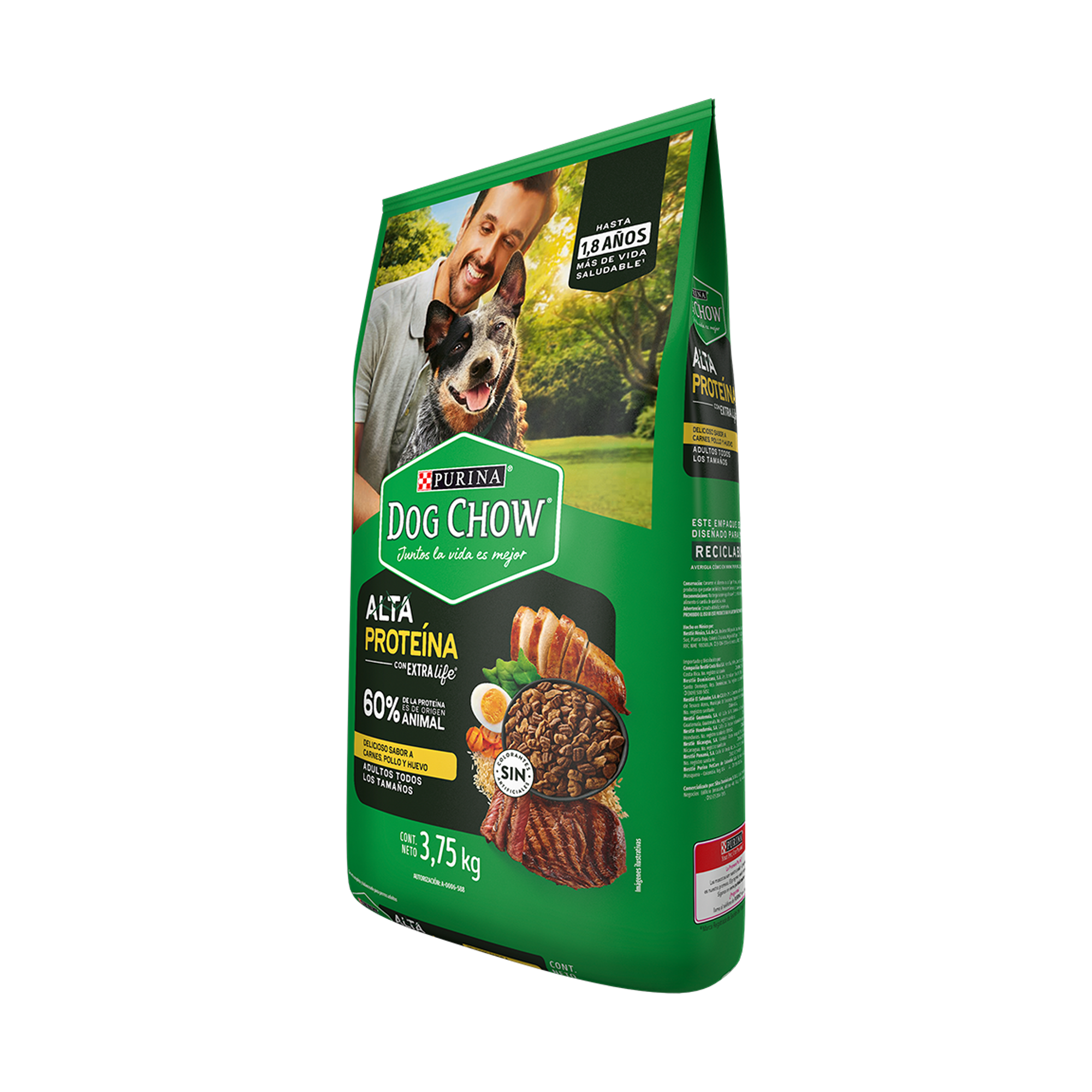 Empaque de Croquetas Dog Chow alta proteína, vista lateral