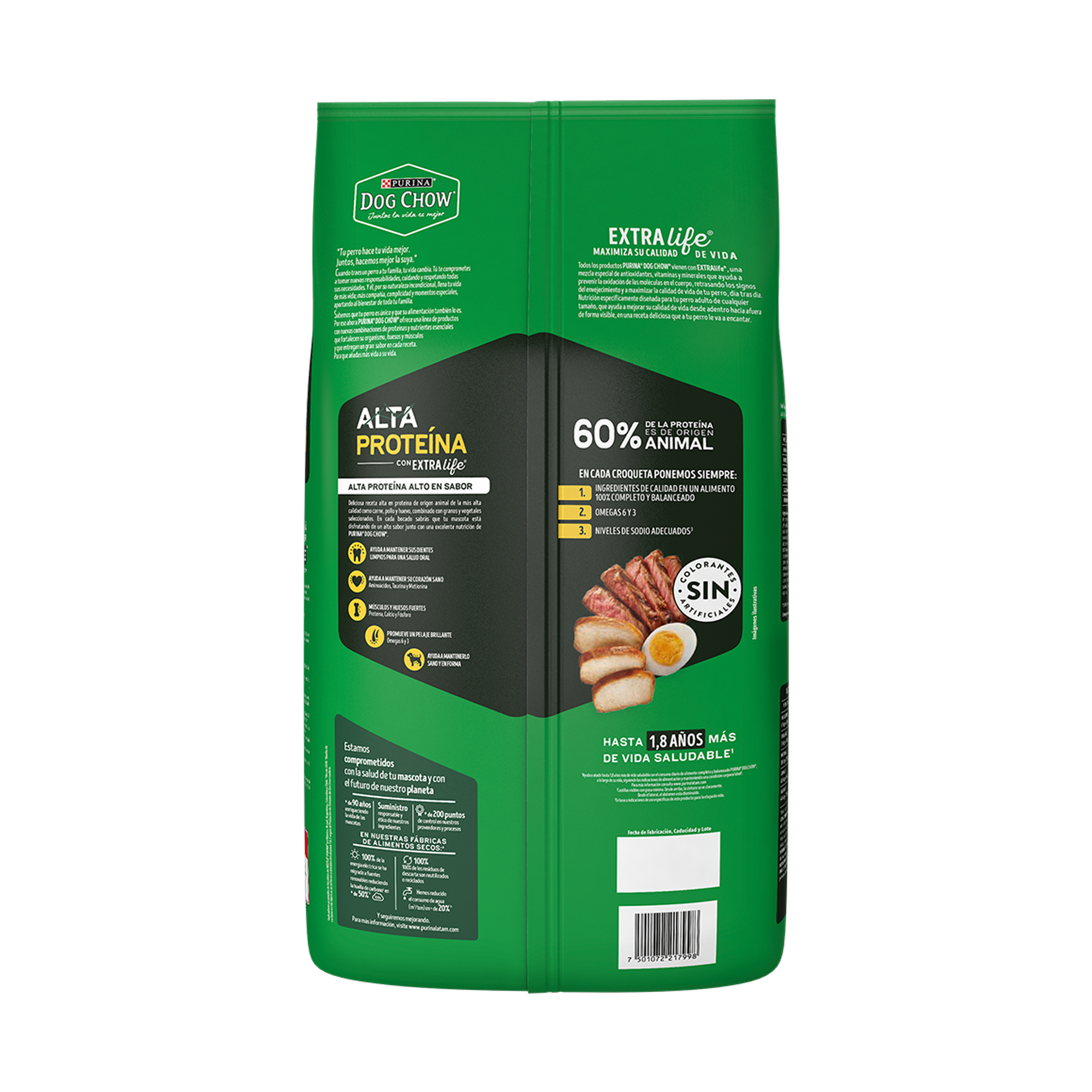 Empaque de Croquetas Dog Chow alta proteína, vista posterior