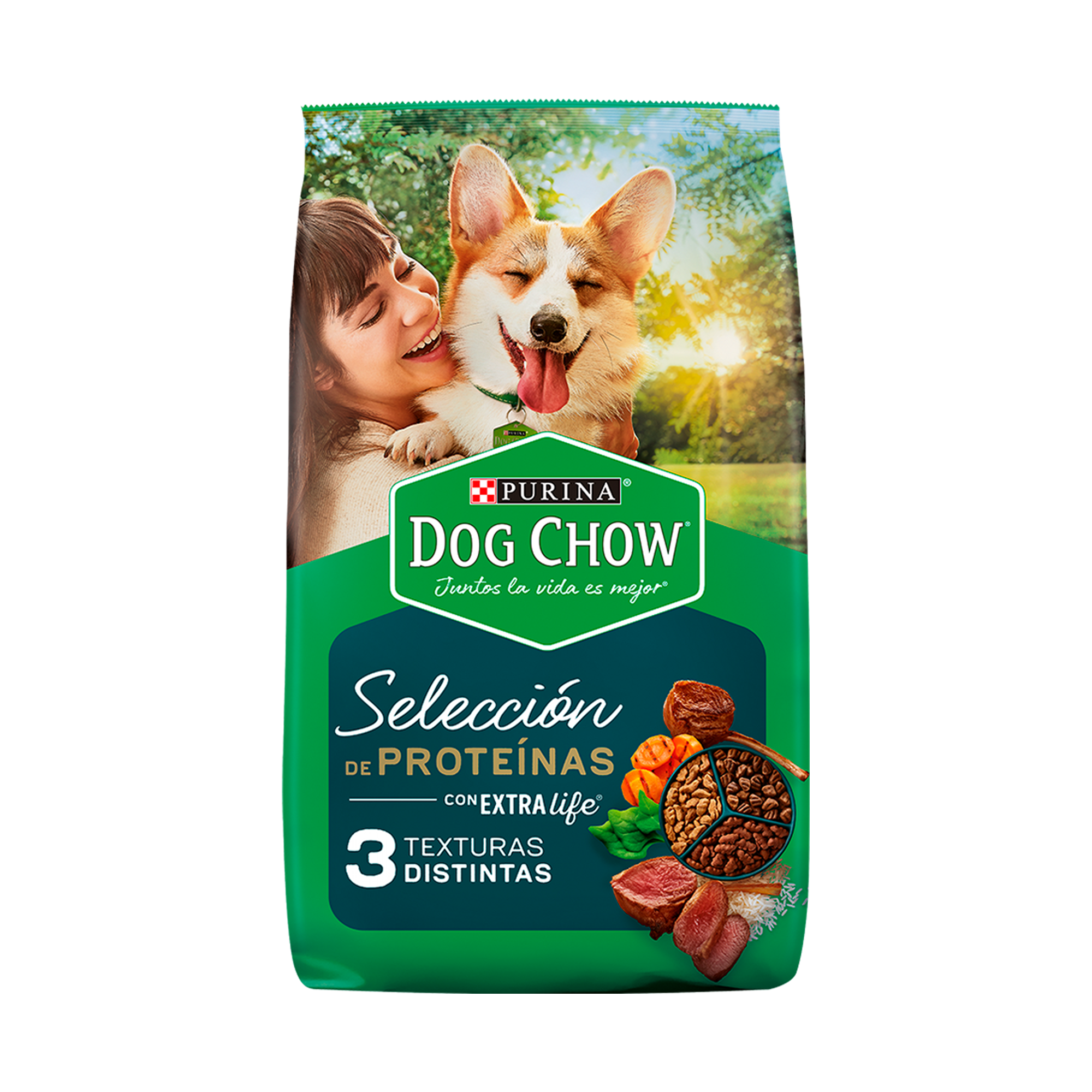 Empaque de Croquetas Dog Chow selección de proteínas, vista frontal