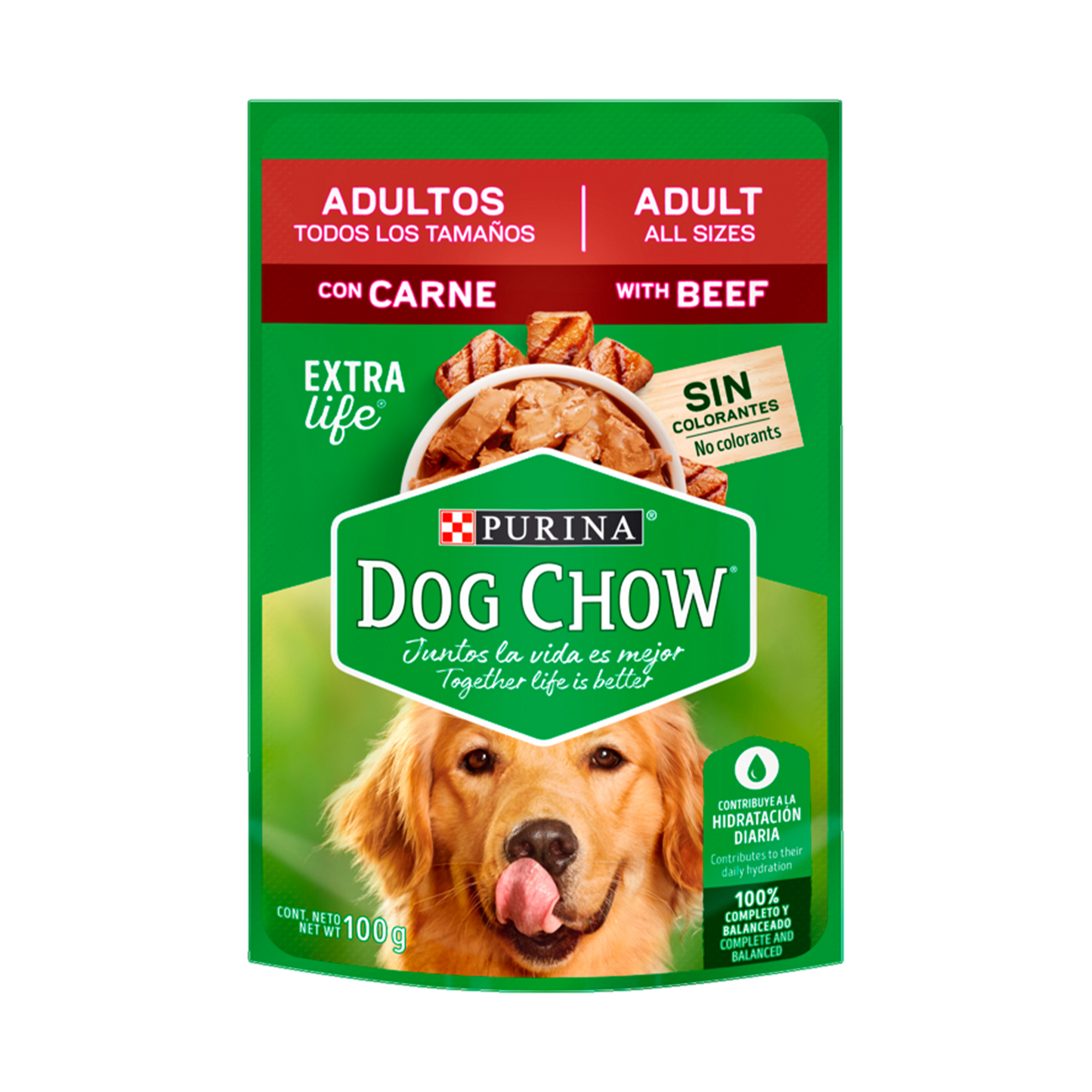 Empaque de Dog Chow adultos todos los tamaños con carne, vista frontal