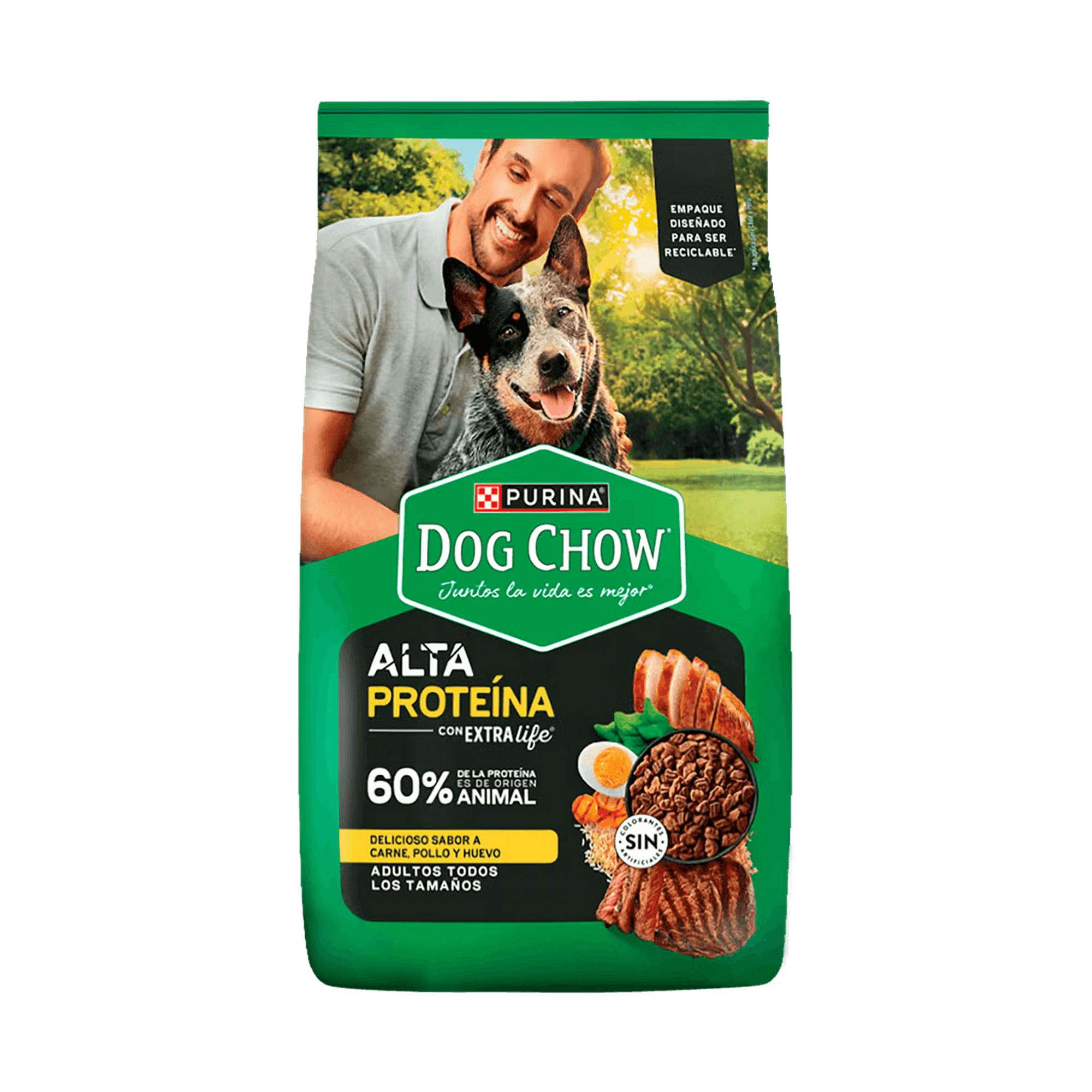 Empaque de Dog Chow alta proteína, vista frontal