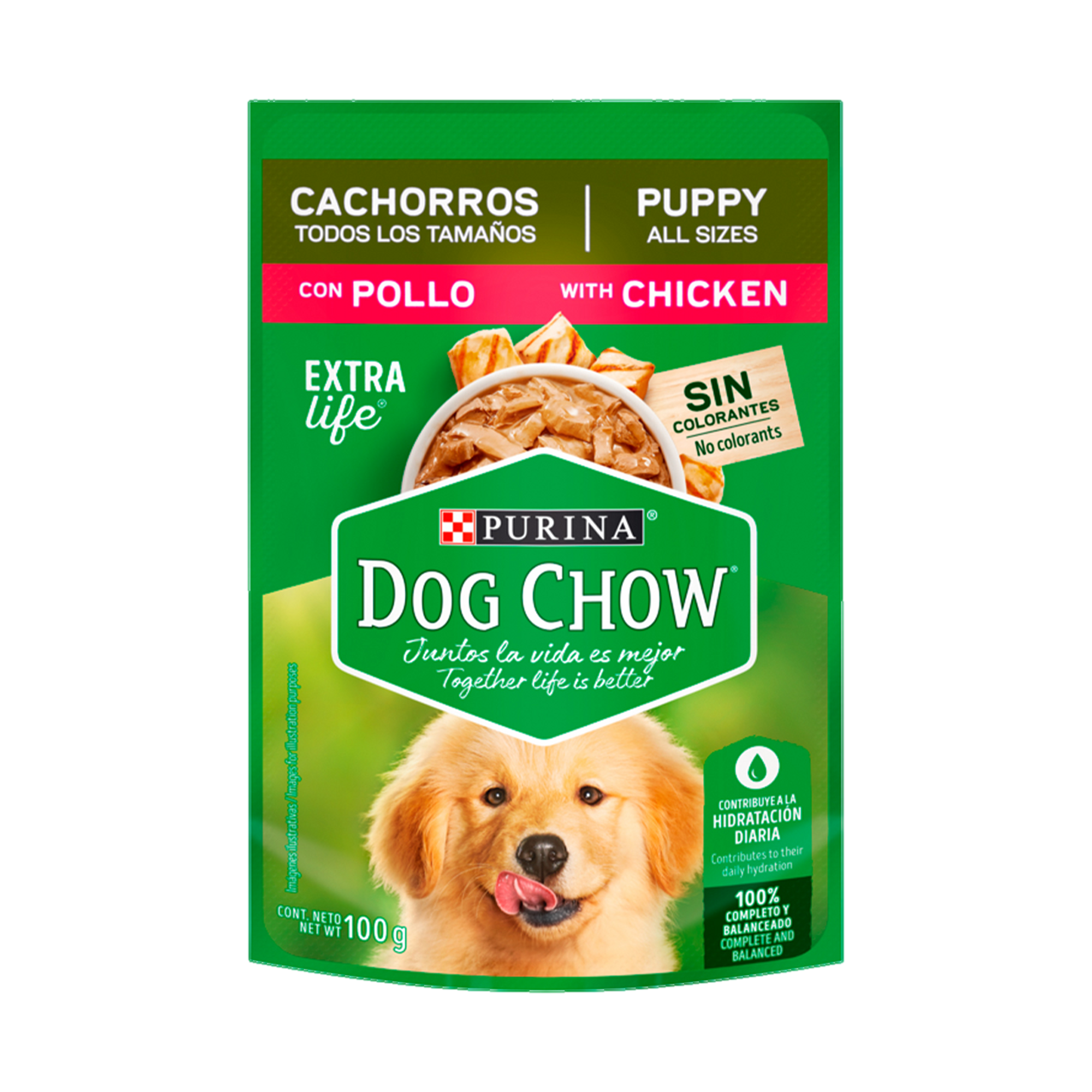 Empaque de Dog Chow cachorros todos los tamaños con pollo, vista frontal