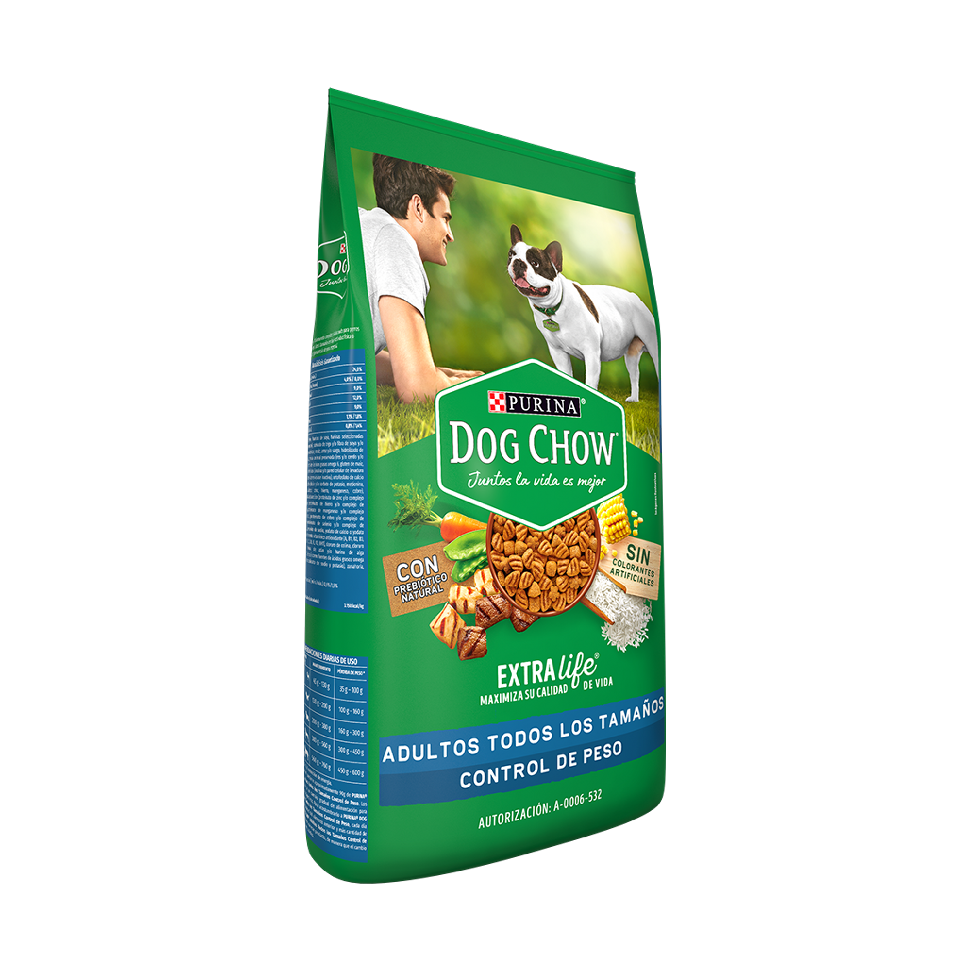 Empaque de Dog Chow control peso para adultos, vista lateral