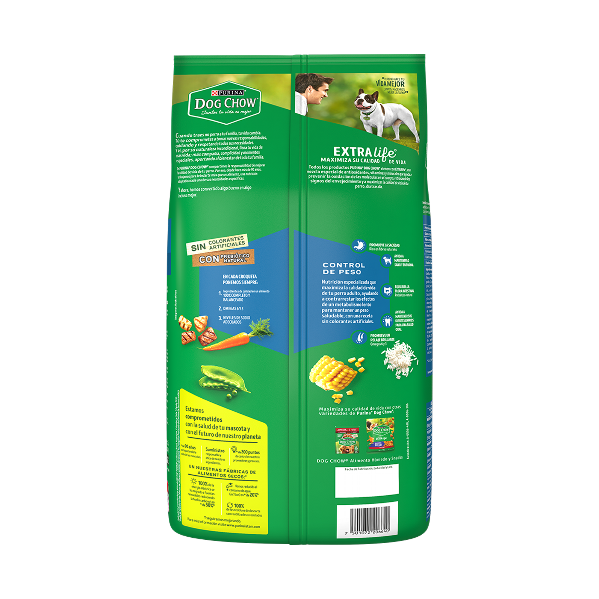 Empaque de Dog Chow control peso para adultos, vista posterior