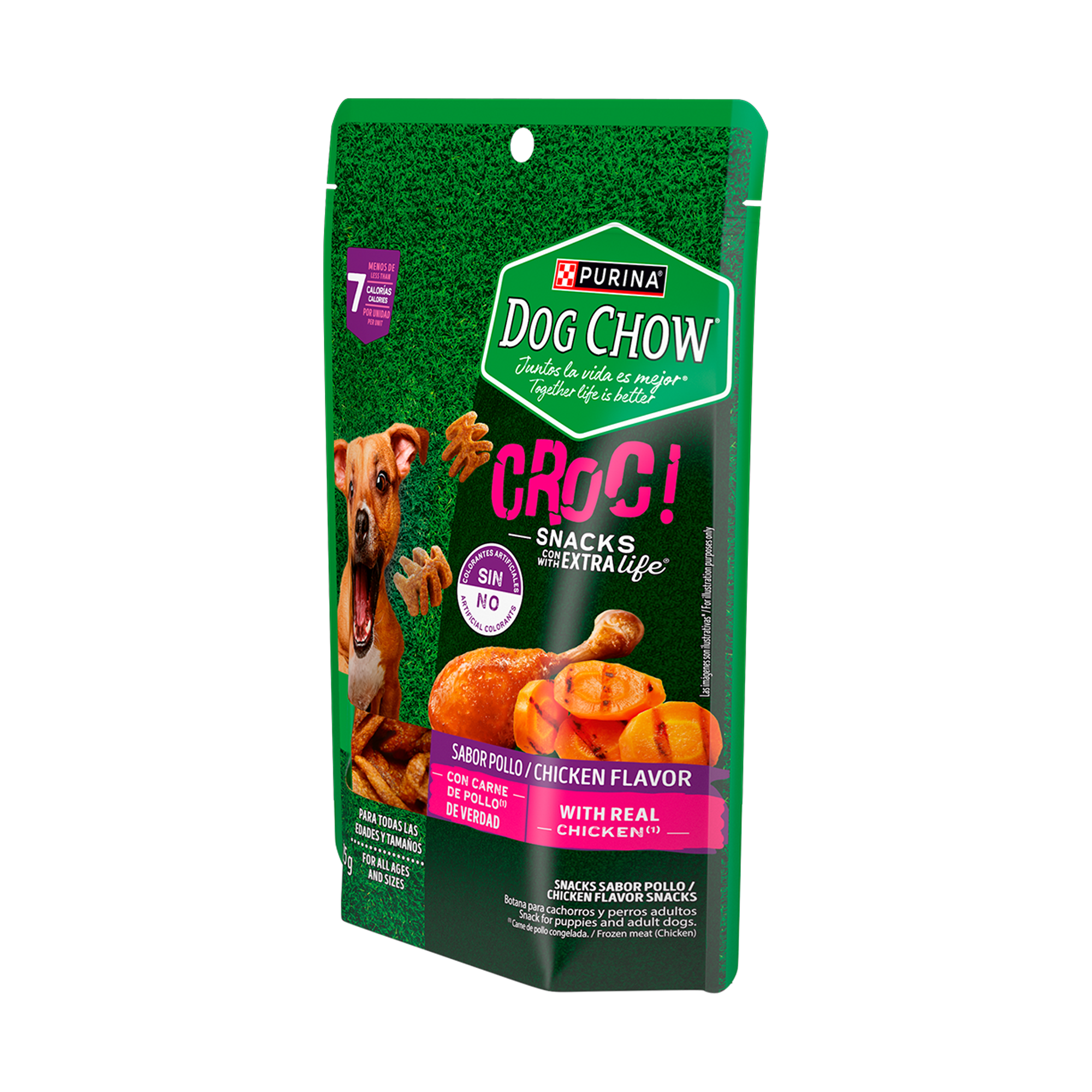 Empaque de DOG CHOW® Croc con carne de pollo, vista lateral