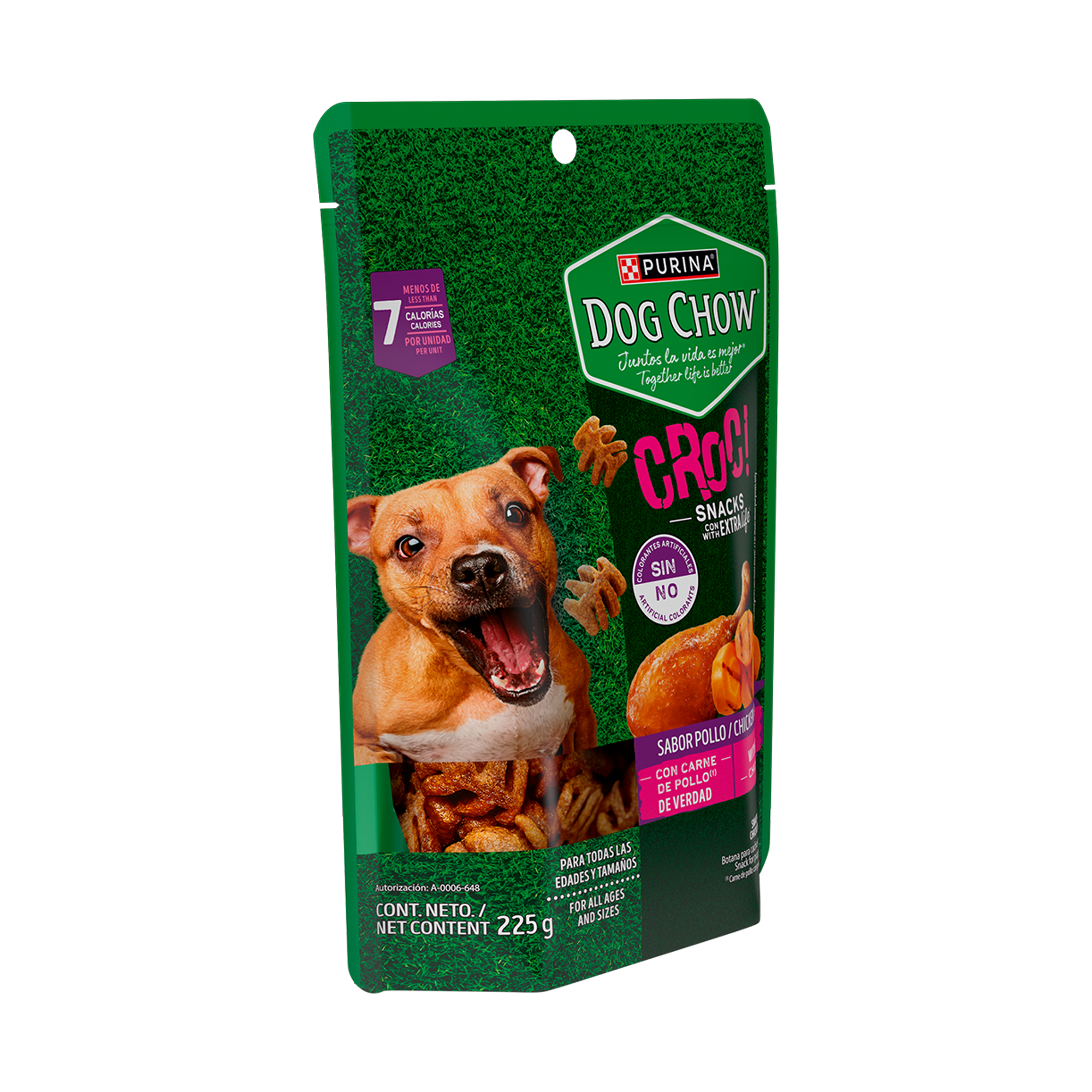 Empaque de DOG CHOW® Croc con carne de pollo, vista lateral