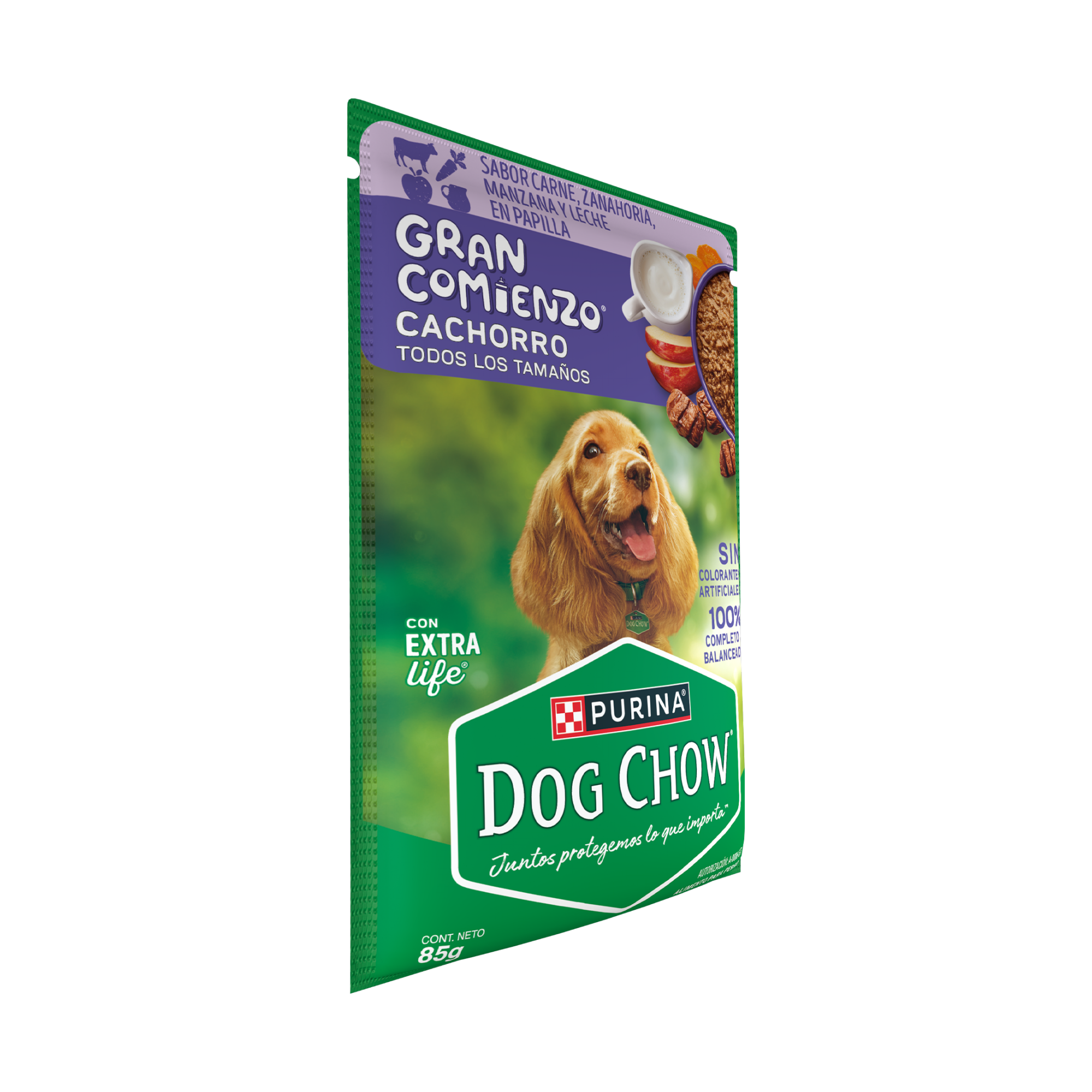 Empaque de DOG CHOW® Gran Comienzo® CACHORRO Sabor Carne, Zanahoria, Manzana y Leche en Papilla, vista lateral