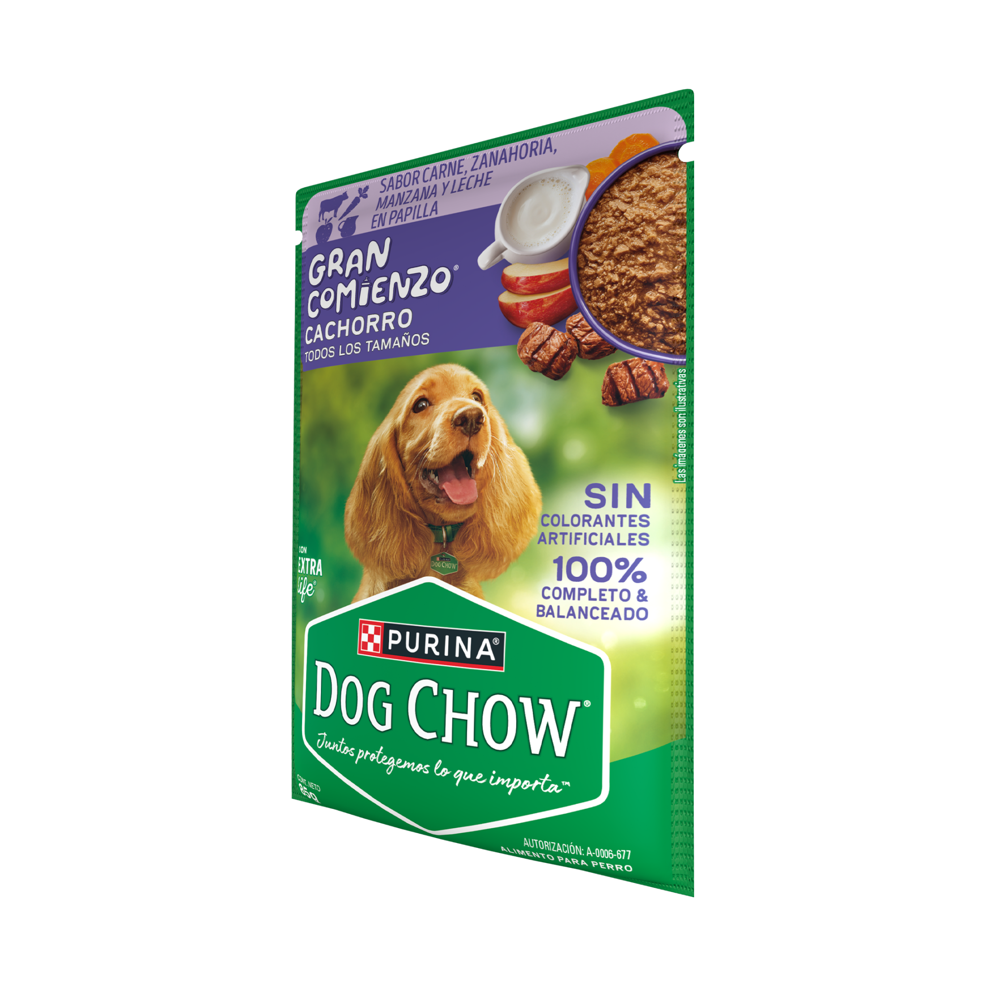 Empaque de DOG CHOW® Gran Comienzo® CACHORRO Sabor Carne, Zanahoria, Manzana y Leche en Papilla, vista lateral