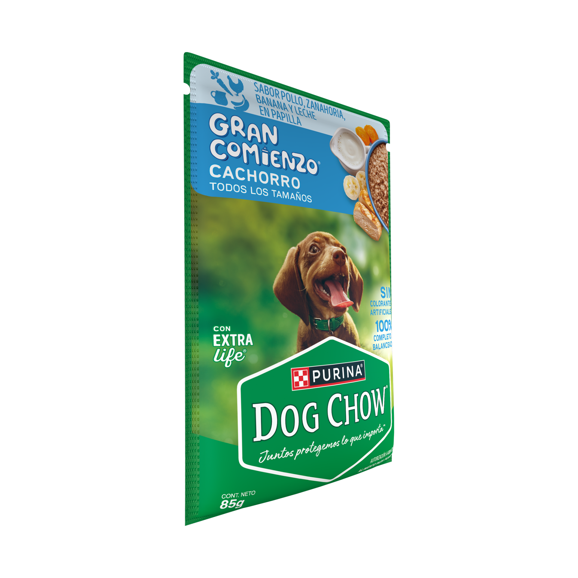 Empaque de DOG CHOW® Gran Comienzo® CACHORRO Sabor Pollo, Zanahoria, Banana y Leche en Papilla, vista lateral