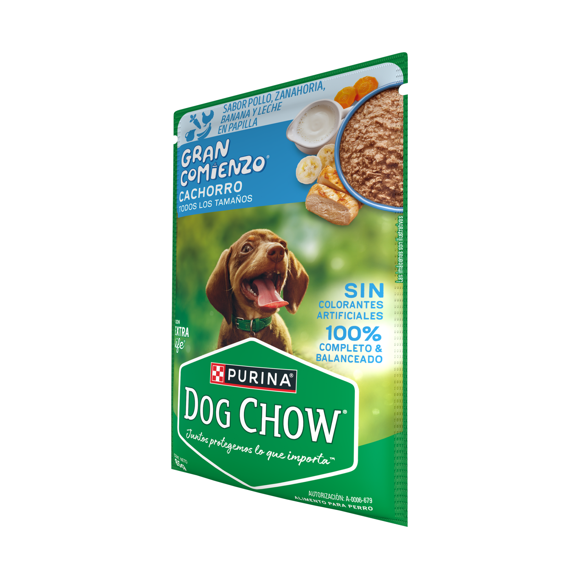 Empaque de DOG CHOW® Gran Comienzo® CACHORRO Sabor Pollo, Zanahoria, Banana y Leche en Papilla, vista lateral