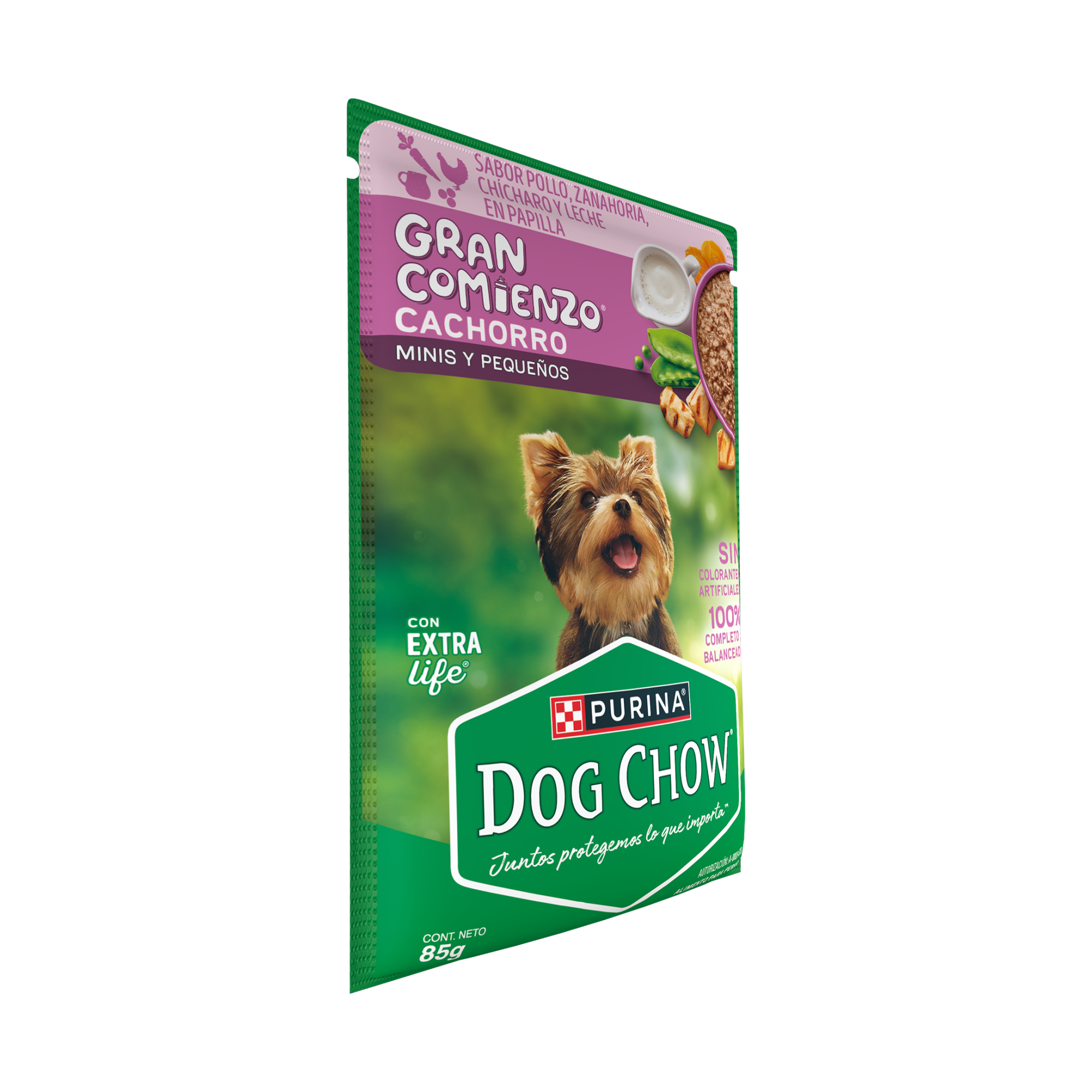 Empaque de DOG CHOW® Gran Comienzo® CACHORRO Sabor Pollo, Zanahoria, Chícharo y Leche en Papilla, vista lateral